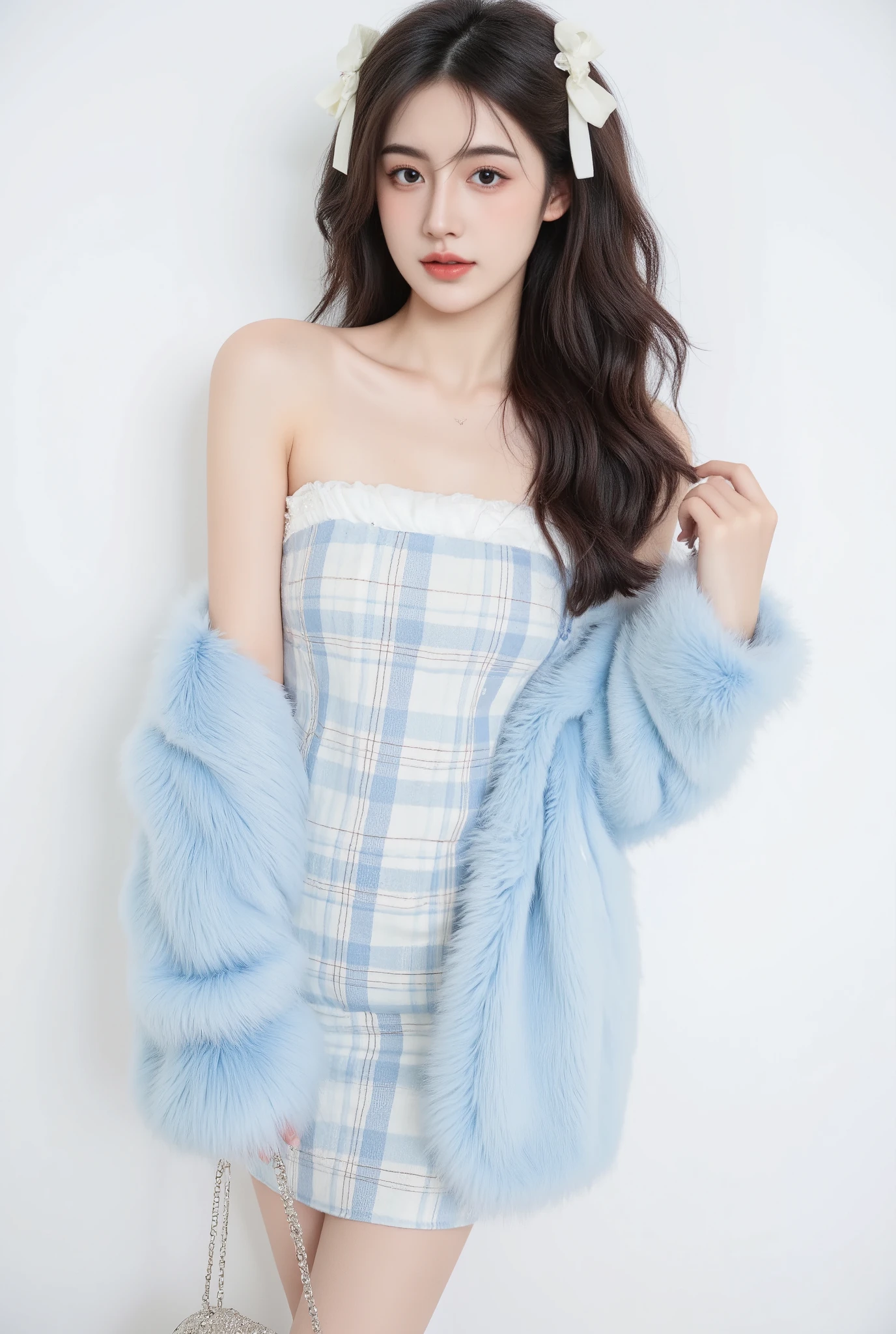 /imagine prompt: A stunning young woman with long, wavy dark hair adorned with delicate ivory ribbons, framing her soft and youthful face. She wears a chic strapless plaid mini dress in pastel blue and white, accented with a plush faux fur trim. Draped over her shoulders is an oversized, luxurious light blue faux fur coat, exuding elegance and winter charm. Her makeup is soft and romantic, with rosy cheeks and glossy lips. She poses gracefully with one hand resting gently on her fur coat while the other elegantly holds a small sparkling handbag, exuding a poised and refined aura. The background is a clean white studio setting, highlighting the delicate contrast between the textures of the outfit. High-fashion editorial photography, soft lighting, winter luxury aesthetic. --v 6.0
