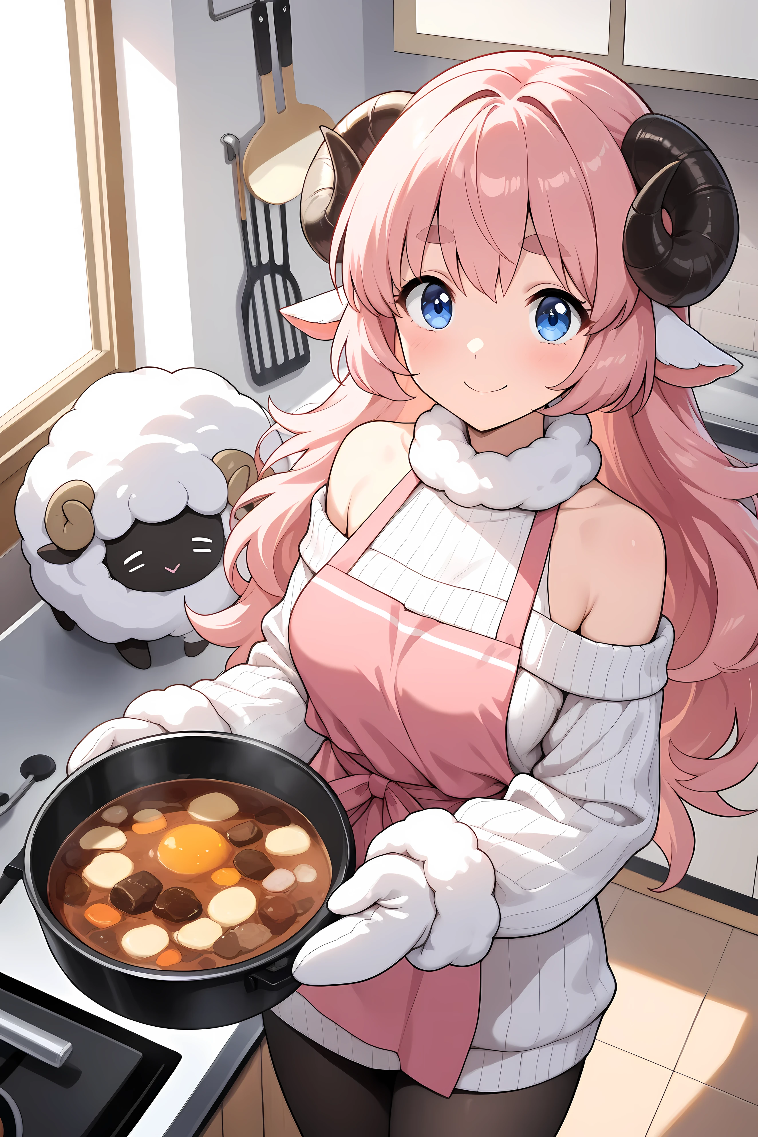 (masterpiece, best quality, extremely detailed, absurdres, very aesthetic), from above:1.2, cowboy shot, (highly detailed background, lighting, kitchen), (sheep girl\super detailed skin, detailed beautiful face and eyes, Big and soft anime eyes, Thick eyebrows:1.1,Fluffy long hair like a sheep's wool, pink hair, Each and every strand of hair is depicted in detail, Sheep's round horns, Cooking stew, wearing Mittens, A pink apron with an illustration of a sheep, smile), (Knee-length one-piece sweater, Shoulders are exposed, Black tights) BREAK Natural elements, fantastical features, light and shadow effects, color and atmosphere