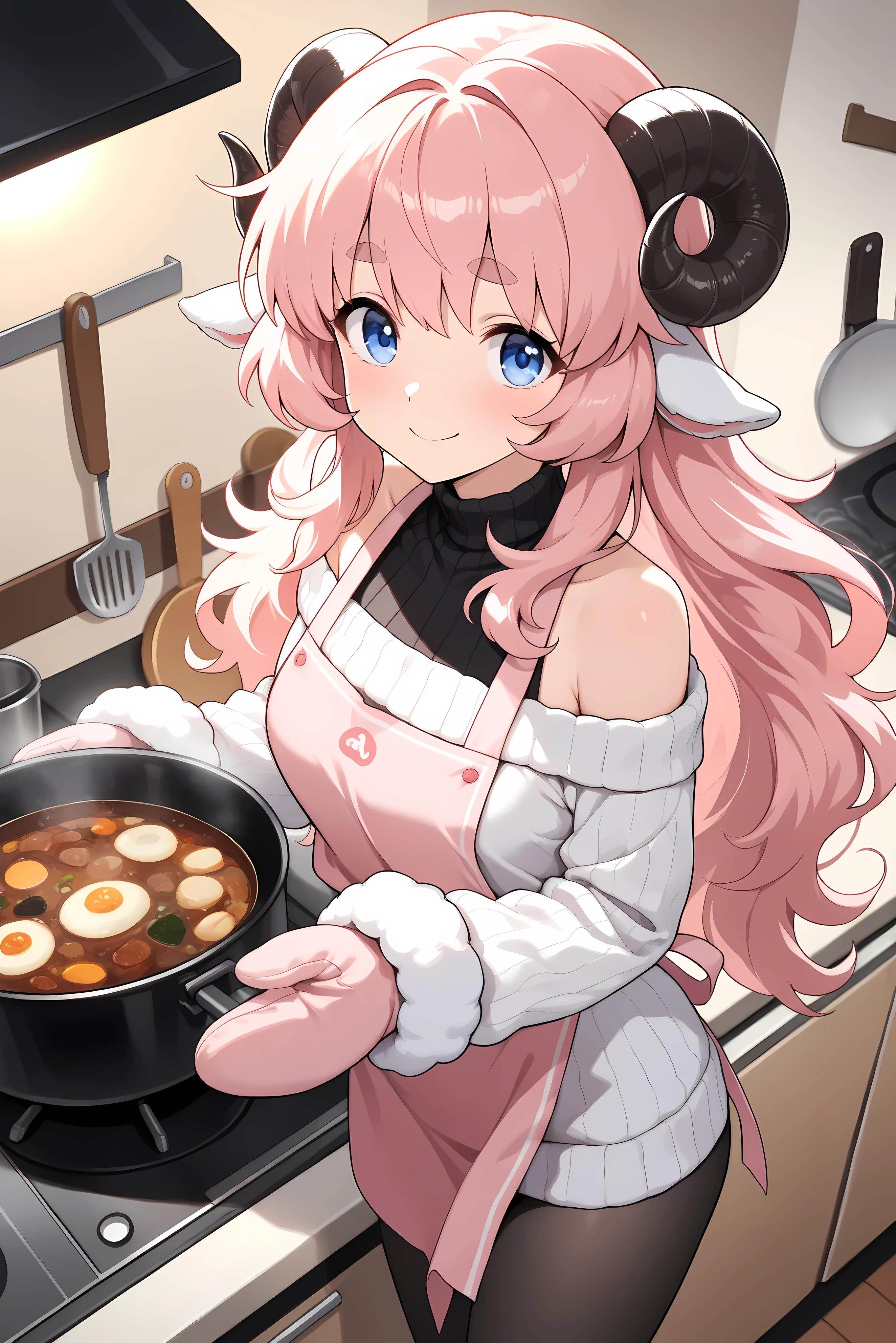 (masterpiece, best quality, extremely detailed, absurdres, very aesthetic), from above:1.2, cowboy shot, (highly detailed background, lighting, kitchen), (sheep girl\super detailed skin, detailed beautiful face and eyes, Big and soft anime eyes, Thick eyebrows:1.1,Fluffy long hair like a sheep's wool, pink hair, Each and every strand of hair is depicted in detail, Sheep's round horns, Cooking stew, wearing Mittens, A pink apron with an illustration of a sheep, smile), (Knee-length one-piece sweater, Shoulders are exposed, Black tights) BREAK Natural elements, fantastical features, light and shadow effects, color and atmosphere