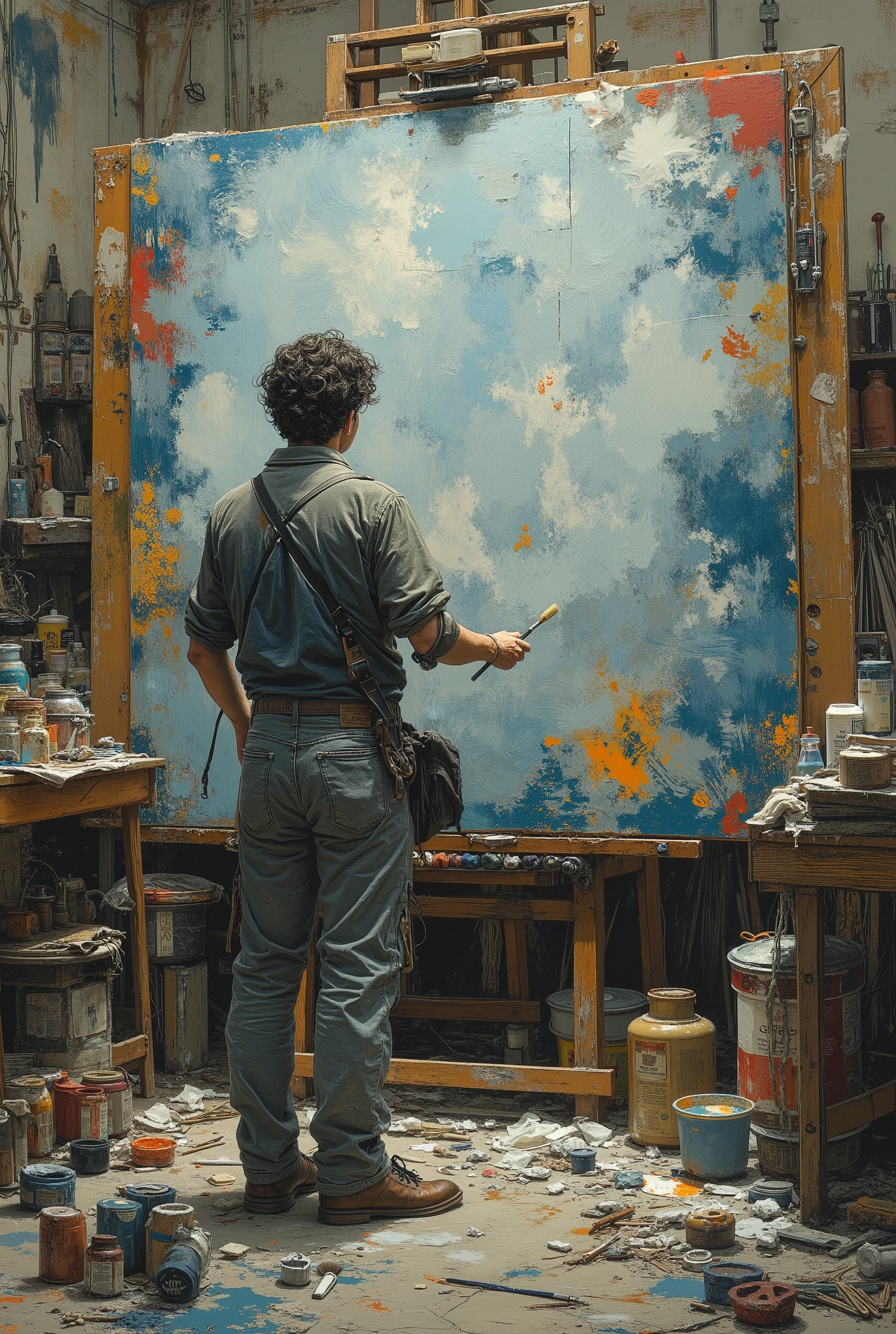 The studio is full of various paints、Brush and canvas。The painter is standing in front of a huge canvas,He holds a brush in his hand,His eyes are focused and deep。The surroundings seem messy,The paints are randomly scattered on the floor,Various painting tools are scattered all over the floor。