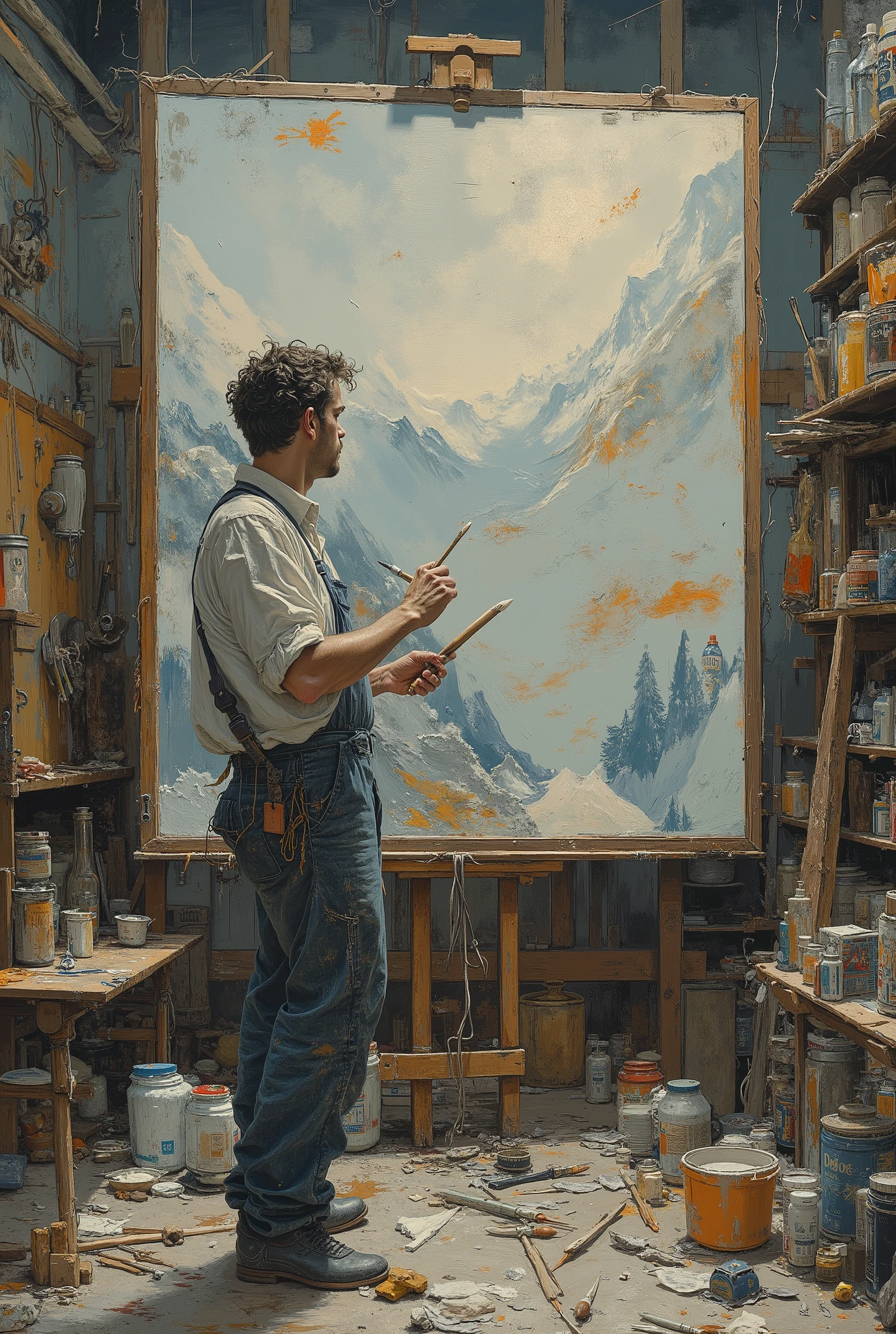 The studio is full of various paints、Brush and canvas。The painter is standing in front of a huge canvas,He holds a brush in his hand,His eyes are focused and deep。The surroundings seem messy,The paints are randomly scattered on the floor,Various painting tools are scattered all over the floor。