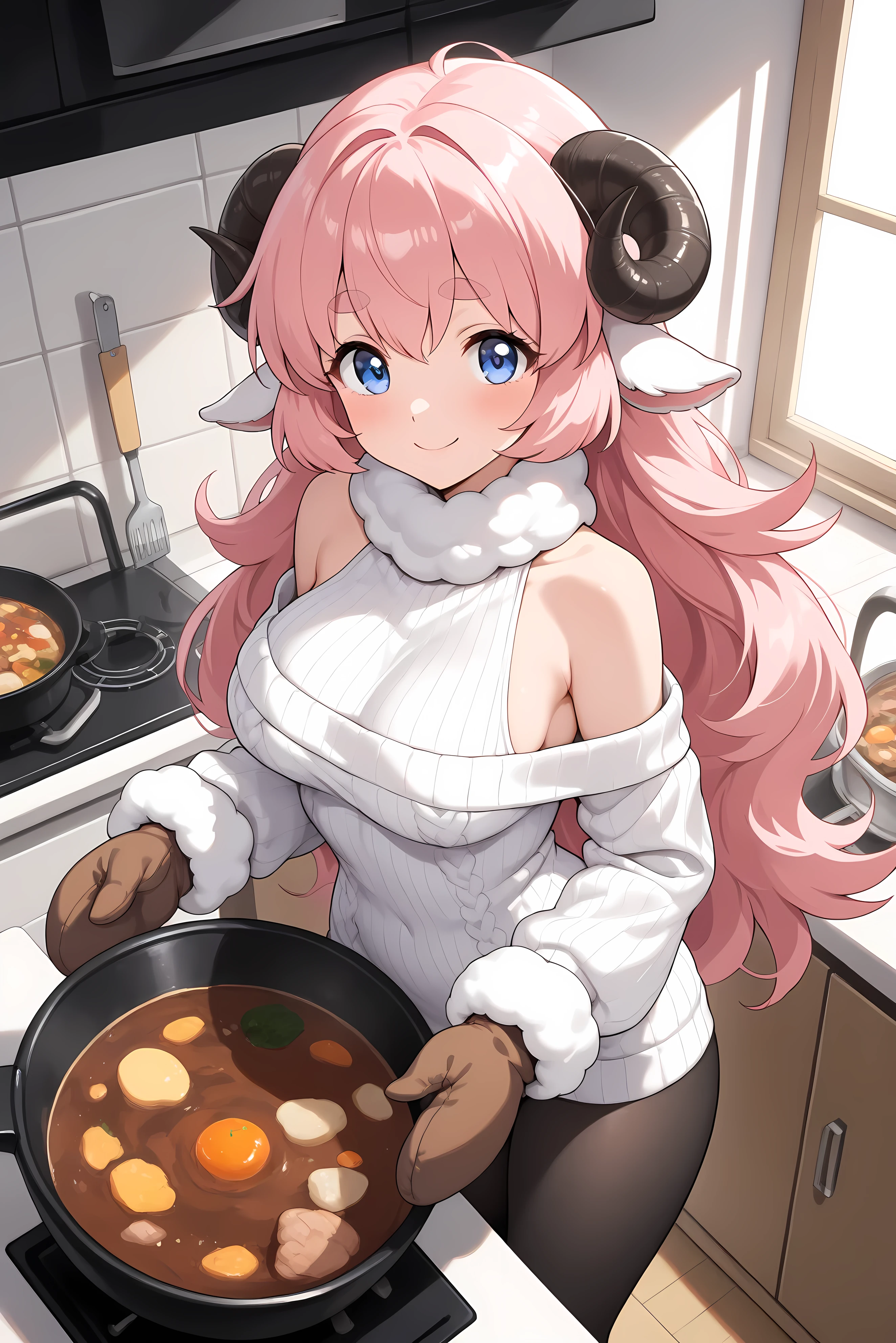 (masterpiece, best quality, extremely detailed, absurdres, very aesthetic), from above:1.2, cowboy shot, (highly detailed background, lighting, kitchen), (sheep girl\super detailed skin, detailed beautiful face and eyes, Big and soft anime eyes, Thick eyebrows:1.1,Fluffy long hair like a sheep's wool, pink hair, Each and every strand of hair is depicted in detail, Sheep's round horns, Cooking stew, wearing Mittens, smile), (Knee-length one-piece sweater, Shoulders are exposed, Black tights) BREAK Natural elements, fantastical features, light and shadow effects, color and atmosphere