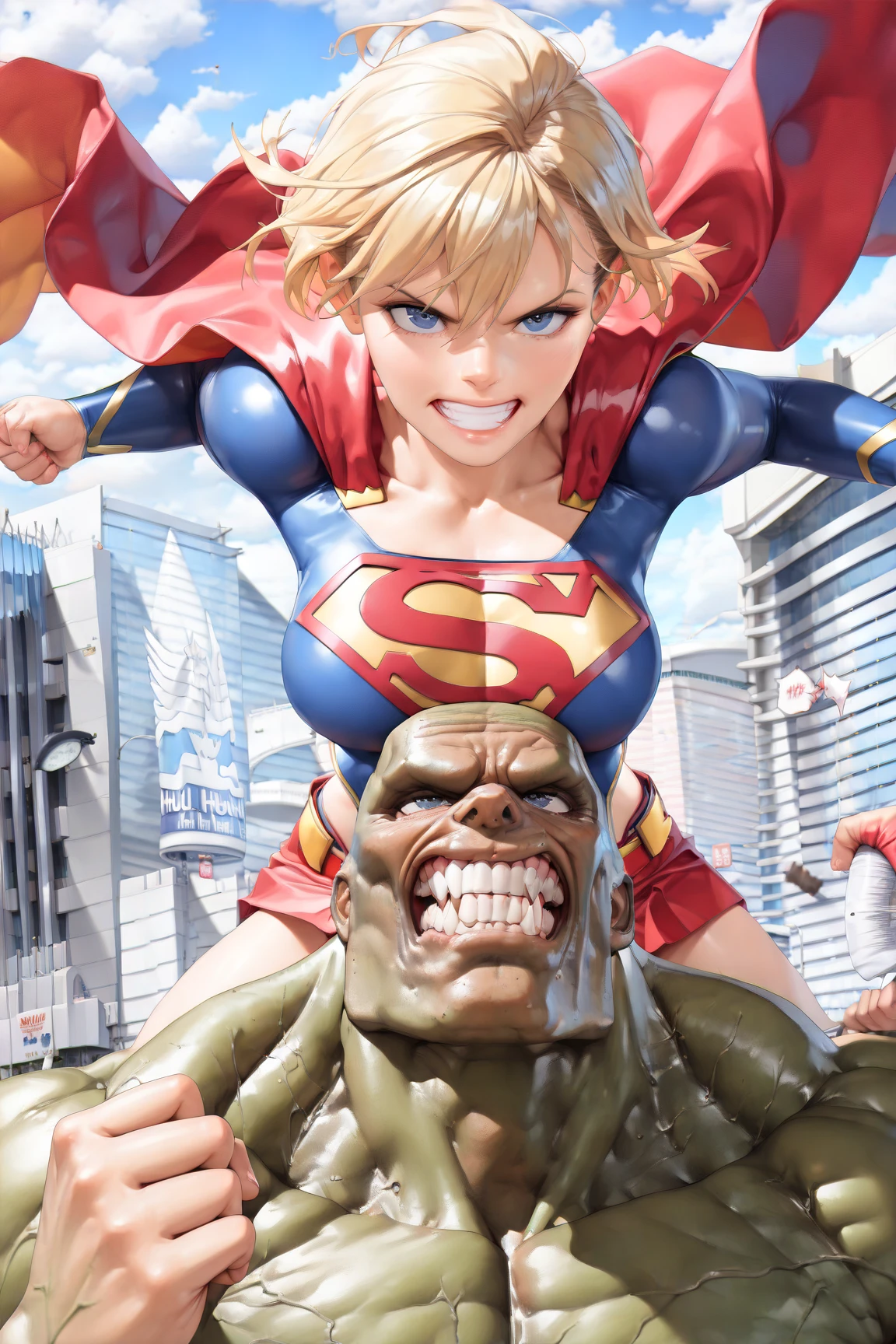 (Mad Magazine cover) Alfred E Neuman as One Punch man Saitama in a heroic pose with classic Newman smile, Tatsumaki (extremely sexualized, big butt, big boobs, classic dress) very mad jumping up and down yelling at Saitama, bloody remains of a beast all over the crowd and downtown Tokyo
