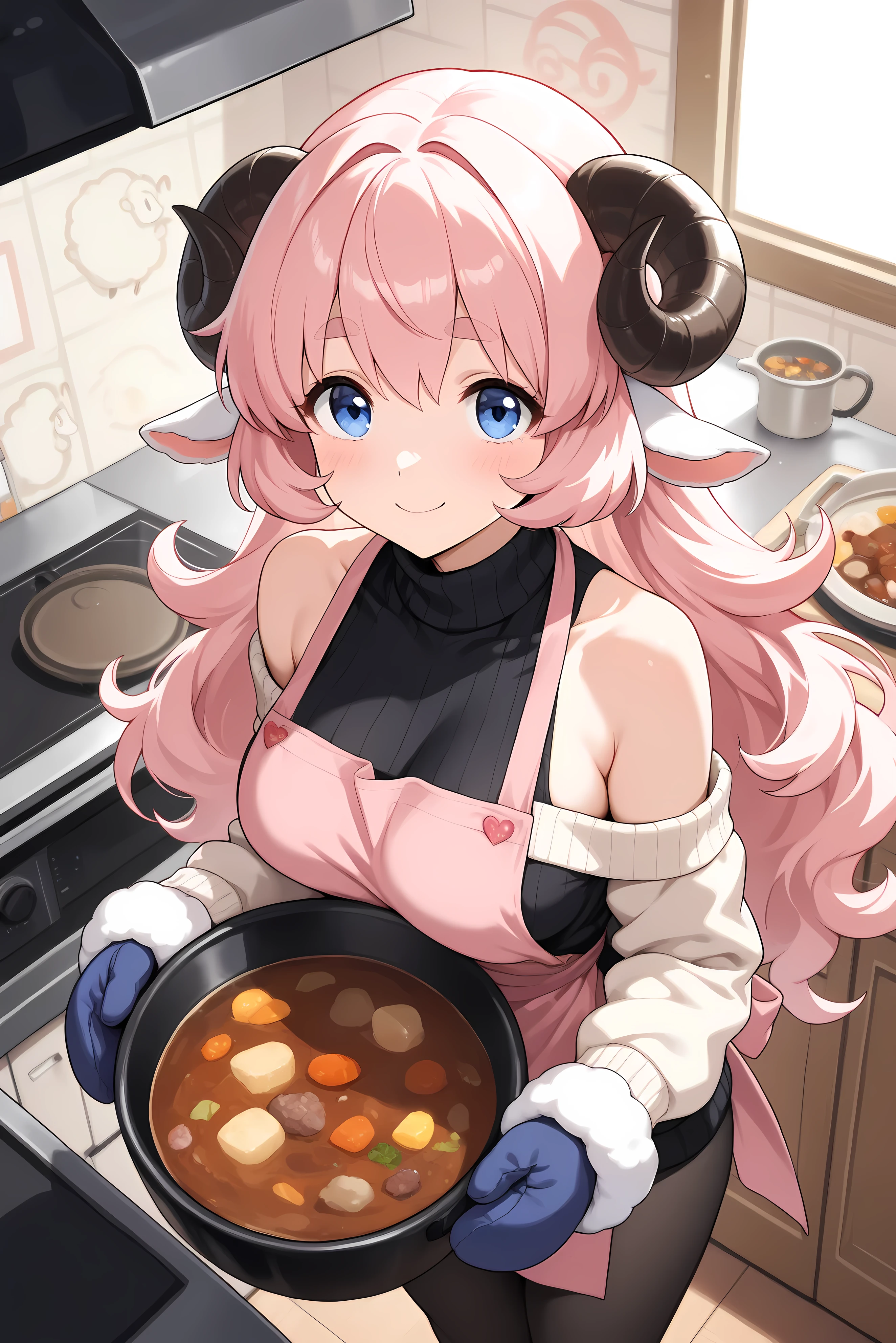(masterpiece, best quality, extremely detailed, absurdres, very aesthetic), from above:1.2, cowboy shot, (highly detailed background, lighting, kitchen), (sheep girl\super detailed skin, detailed beautiful face and eyes, Big and soft anime eyes, Thick eyebrows:1.1,Fluffy long hair like a sheep's wool, pink hair, Each and every strand of hair is depicted in detail, Sheep's round horns, Cooking stew, wearing Mittens, A pink apron with an illustration of a sheep, smile), (Knee-length one-piece sweater, Shoulders are exposed, Black tights) BREAK Natural elements, fantastical features, light and shadow effects, color and atmosphere