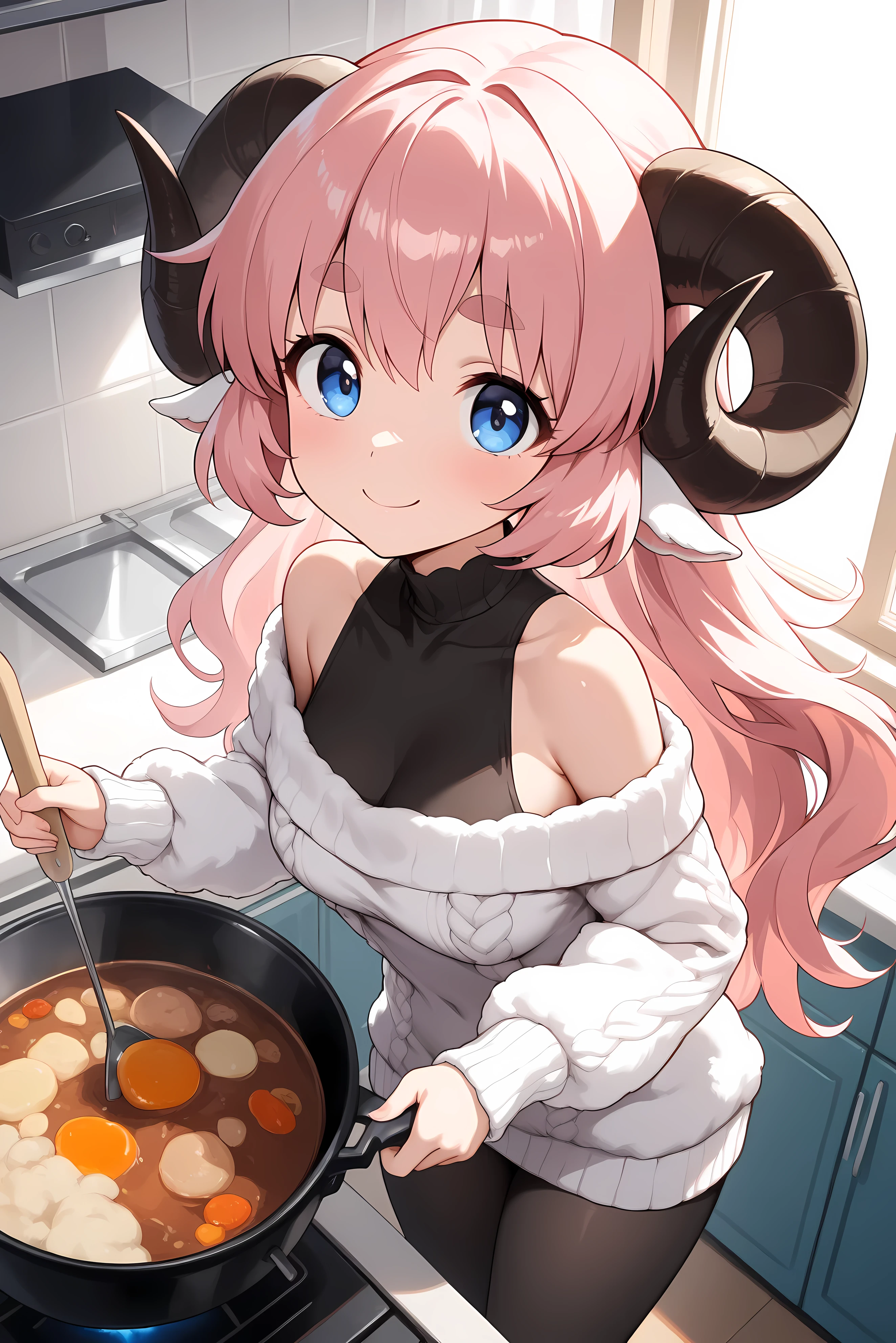 (masterpiece, best quality, extremely detailed, absurdres, very aesthetic), from above:1.2, cowboy shot, (highly detailed background, lighting, kitchen), (sheep girl\super detailed skin, detailed beautiful face and eyes, Big and soft anime eyes, Thick eyebrows:1.1,Fluffy long hair like a sheep's wool, pink hair, Each and every strand of hair is depicted in detail, Sheep's round horns, Cooking stew, smile), (Knee-length one-piece sweater, Shoulders are exposed, Black tights) BREAK Natural elements, fantastical features, light and shadow effects, color and atmosphere