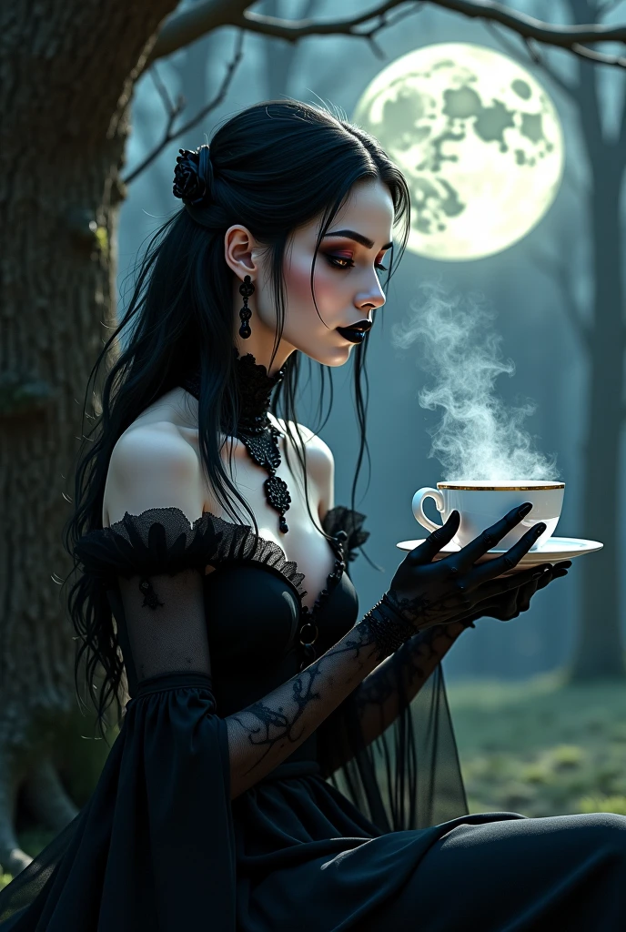 A beautiful demon girl enjoying a morning coffee, detailed facial features, porcelain blue skin, long flowing hair, intricate horns, elegant black dress, serene expression,seductive. Flirting.amber glowing eyes.steam rising from the cup, warm lighting, photorealistic, highly detailed, cinematic composition, dramatic chiaroscuro lighting, muted color palette.epic cleavage (100e breast size). Early morning light.
