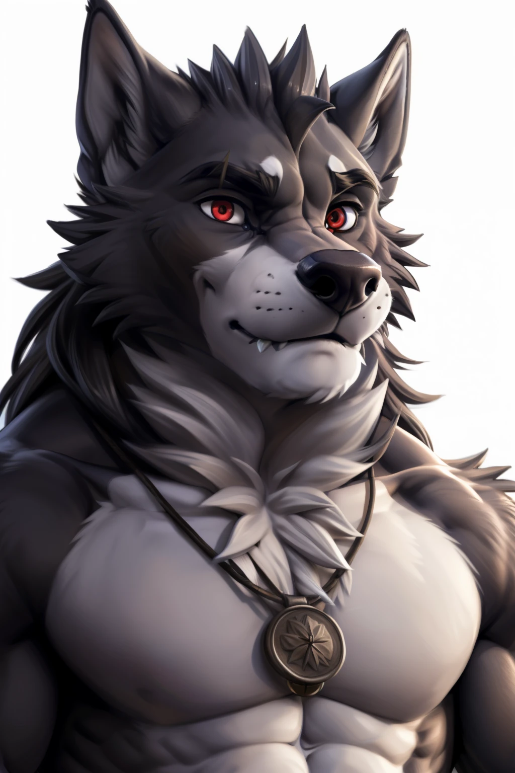 vulgor, muscular, bara, tail, muscular male, (posing:1.3), (soft shading), 4k, hi res, five fingers, detailed hands, ((detailed face, (detailed eyes, red eyes), detailed)), by zackarry911, by zaush, (by personalami:0.5), solo, long hair, looking at viewer, simple background, black hair, 1boy, white background, upper body, male focus, fang, fangs out, portrait, face focus, necklace, jewelry, sex