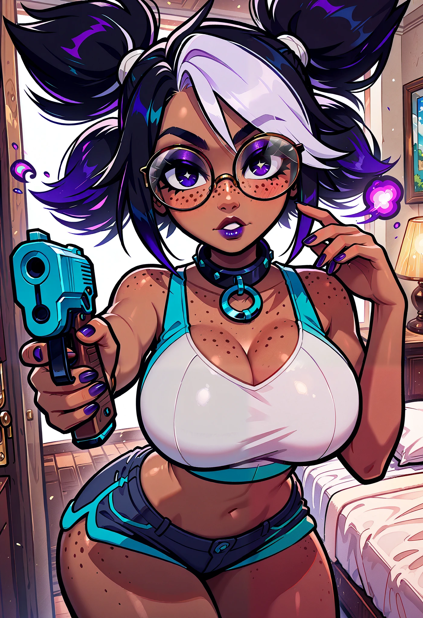 (masterpiece), 1girl, solo, best quality, expressive eyes, perfect face, newest, perfect anatomy, flawless face, dark skinned African female with pigtails and glasses, multicolored hair, collar, makeup, lipstick, glossy lips, freckles, big breasts, big butt, looking at viewer, hair blowing in wind, in her bedroom, seductive expression, sexy look, pov from front, extending a hand shake towards the viewer, crop top with moon graphic, light purple nebula short shorts, holding a pistol, serious, mad