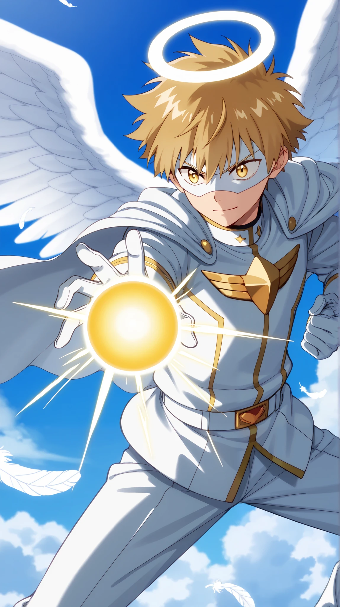 Full pure White hero masked men anime, solo,white angel uniform,white hero mask,white eye mask,glove,angel,1boy,white belt,male focus,big white angel wing,angel halo,golden eyes,day sky clouds heaven background,inuzuka shuu, blonde,male focus,white feathers effect, male focus,long cape,sunshine,stance face, attack with holy light magic energy ball,fighting,top view,