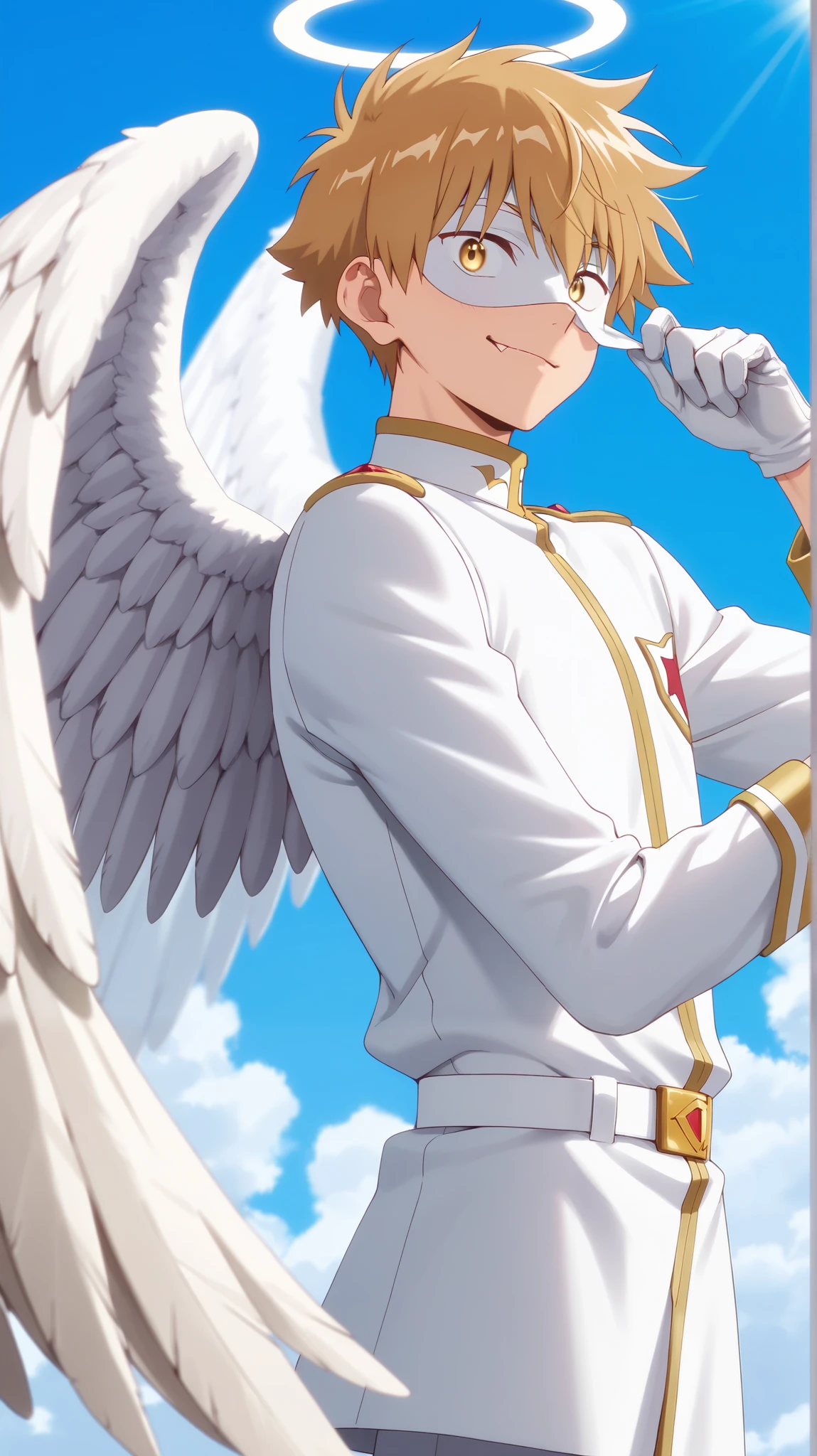Full pure White hero masked men anime, solo,white angel uniform,white belt,white eye mask,glove,angel,1boy,mysterious grin,fang out,male focus,big white angel wing,angel halo,golden eyes,day sky clouds heaven background,inuzuka shuu, blonde,male focus,playful,white feathers effect, male focus,light smile, Sunshade,holding white feather,side view,