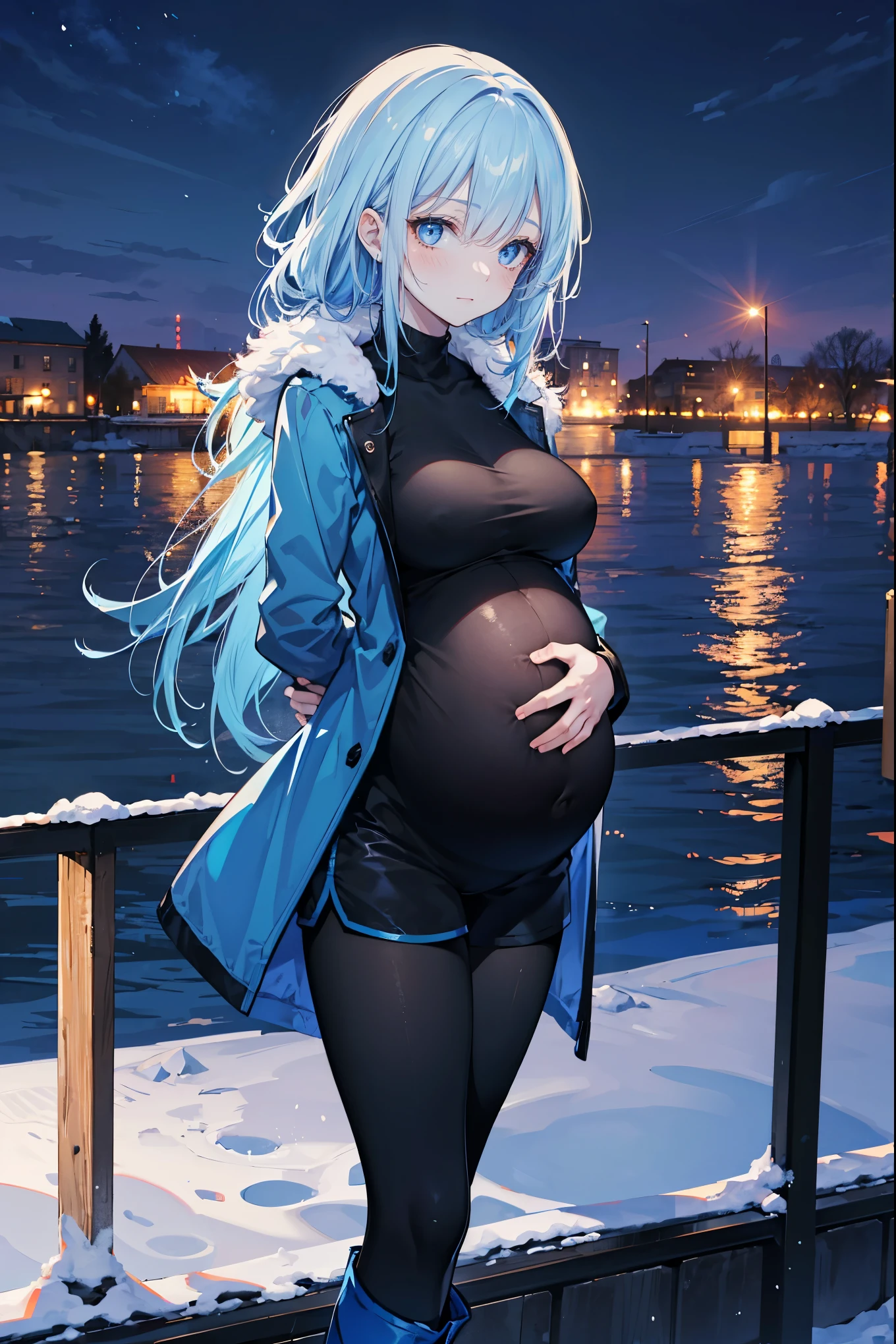 High Resolution, Masterpiece, 4K, snowy riverside, night, 1girl, blue hair, long hair, blue eyes, medium breasts, blue combat coat, black shirt, blue shorts, black leggings, black boots, looking at viewer, arms behind back, pregnant, leaning on railing