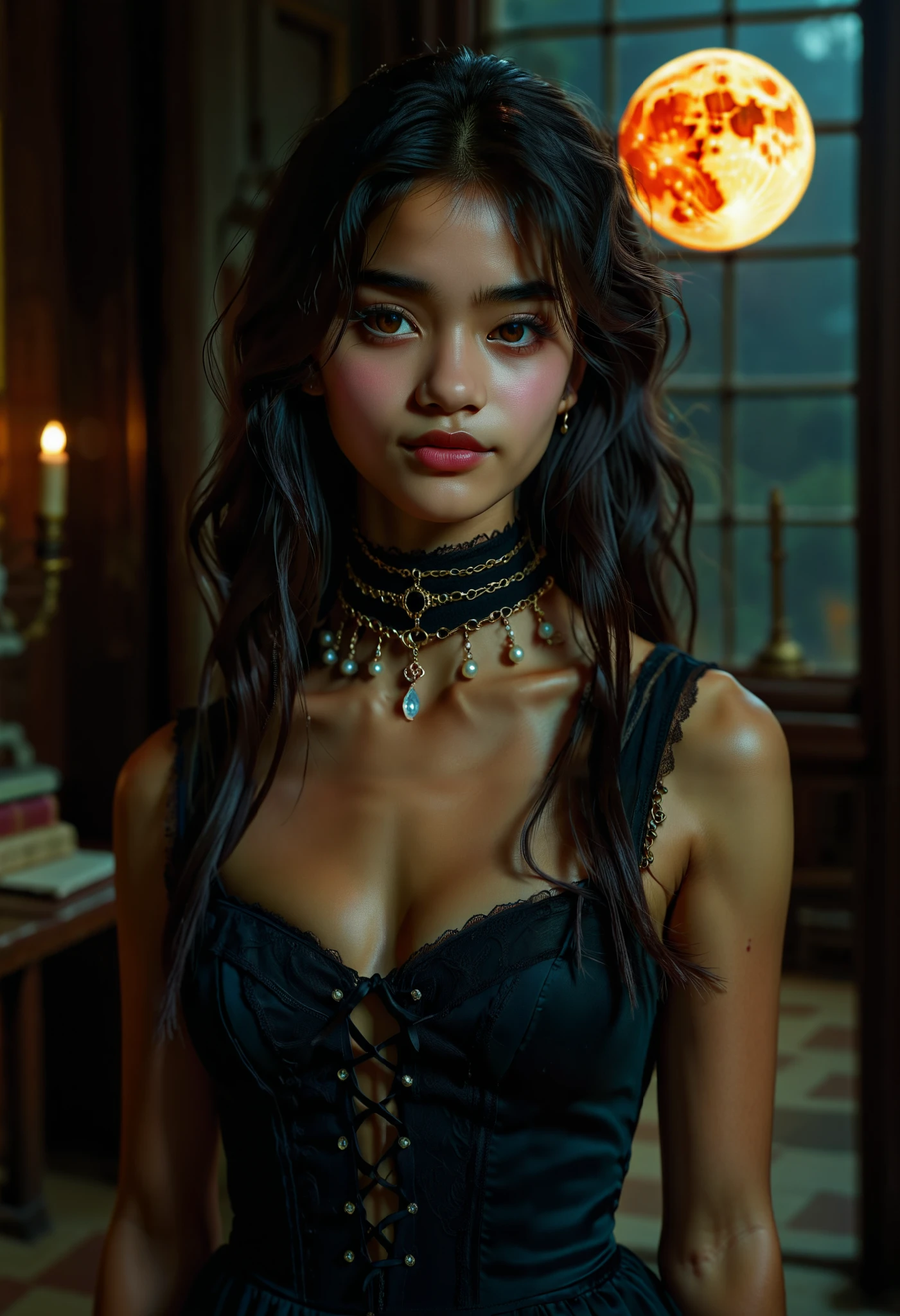 safe_pos, (score_9, score_8_up:1.1), score_7_up, photorealistic, rating:explicit                                                 Dark night,  Starry Sky,  full moon in the background , In the foreground atj woman is a white vampire with straight black hair ,  beautiful and expressive light brown reddish amber eyes,  vampire teeth , Haunted mansion in the background ,  smiling cynical , Dark face, black vintage dress ,  hyper realistic image .,                                                                absurdres, masterpiece,, Expressiveh choker, anklets, pubic-hair, flux-style ((masterpiece, Highest quality, Best image quality, High resolution, Realistic, RAW Photos, 8k, Highly detailed)) 4lch3my_l4b CyberRealistic_Negative_PONY