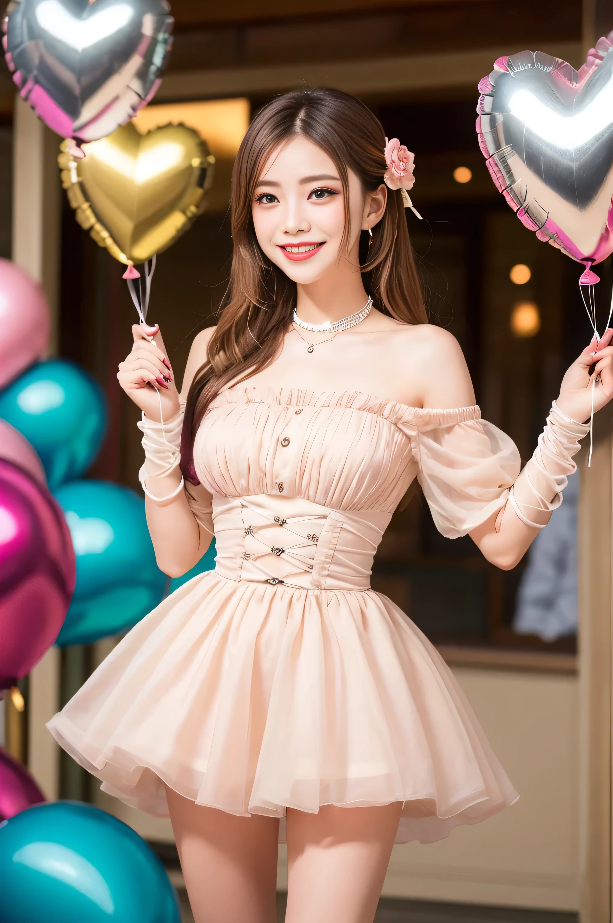 Here is the updated prompt with the modification for a sexy and sweet front-facing pose: A hyperrealistic masterpiece rendered in 8K ultra-high definition, showcasing a vibrant and joyful Valentine's Day theme. The scene features a stunning young woman, 20 years old, radiating charm and positivity. She is dressed in a beautiful short pink dress with off-the-shoulder sleeves that evoke both elegance and a sense of fun. The dress fits perfectly, highlighting her youthful and playful demeanor. Her long blonde hair is styled with soft pink highlights, adding a unique and delightful touch to her appearance. She smiles brightly with a perfect, radiant smile, exuding warmth and sweetness. The woman strikes a sexy yet tender pose, standing in a front-facing position with one leg slightly bent and her hip tilted. Her shoulders are gently angled, and her head is tilted slightly to one side, enhancing her alluring and approachable charm. Her hands delicately hold a pastel pink gift box adorned with a mint green ribbon, adding a playful and festive element to her pose. Surrounding her are metallic heart-shaped balloons in vivid shades of red, bright pink, and gleaming silver. The reflective surfaces of the balloons capture and scatter light beautifully, creating dynamic highlights and depth. The background is a radiant, seamless gradient of soft pink hues, intensifying the romantic and lively atmosphere. The colors are vivid and saturated, with every detail meticulously crafted to achieve an immersive and photorealistic effect. The composition exudes a festive, romantic, and playful vibe, perfectly capturing the essence of love and celebration.