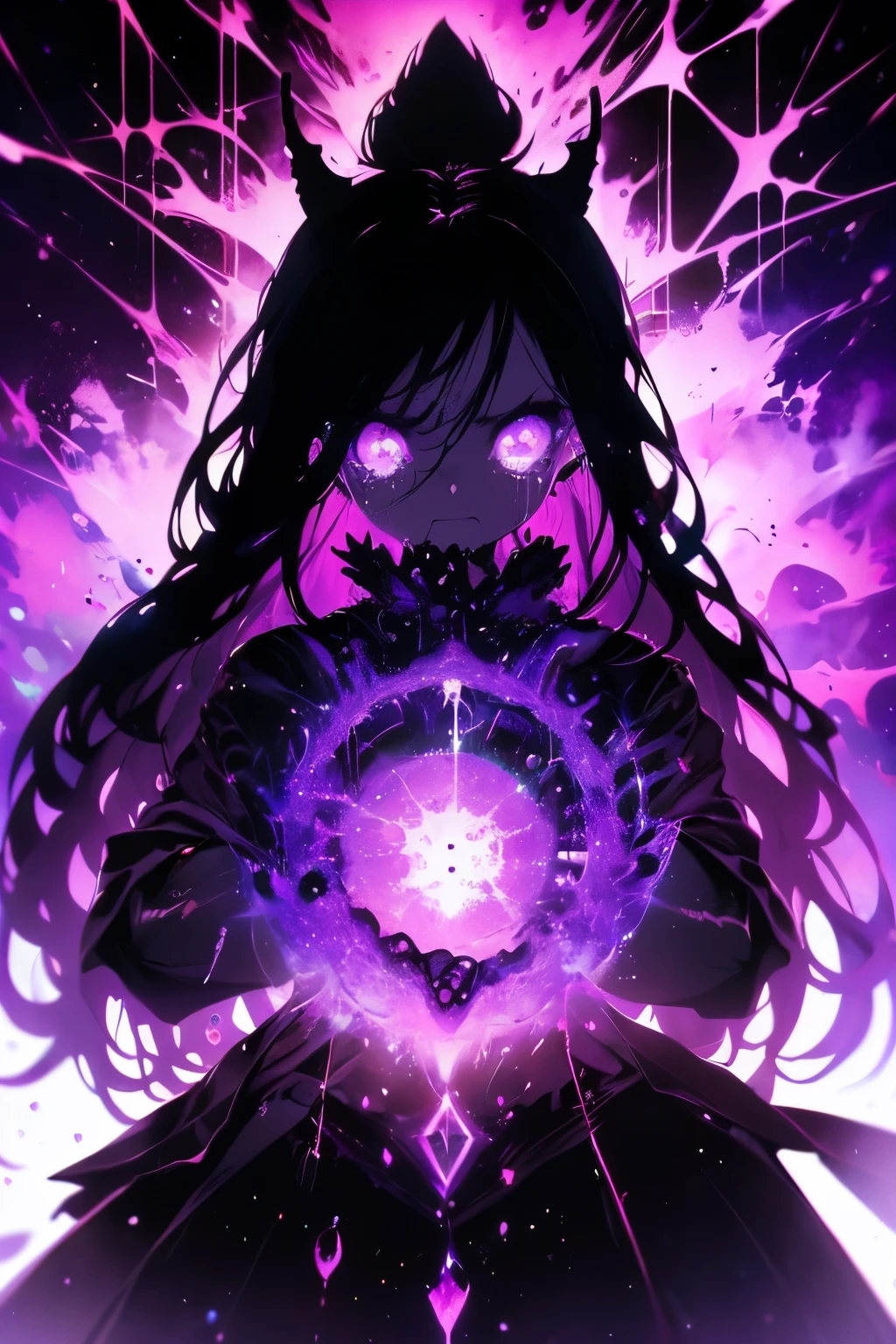 ( The whole body is a shadow),( pele negra)1 , glaring expression , long hair, purple-eyed,Gothic ta,wild hair,Darkness falls ,Revenge,inferno,hatred,(( tears of blood :1.2)),dark world,despair