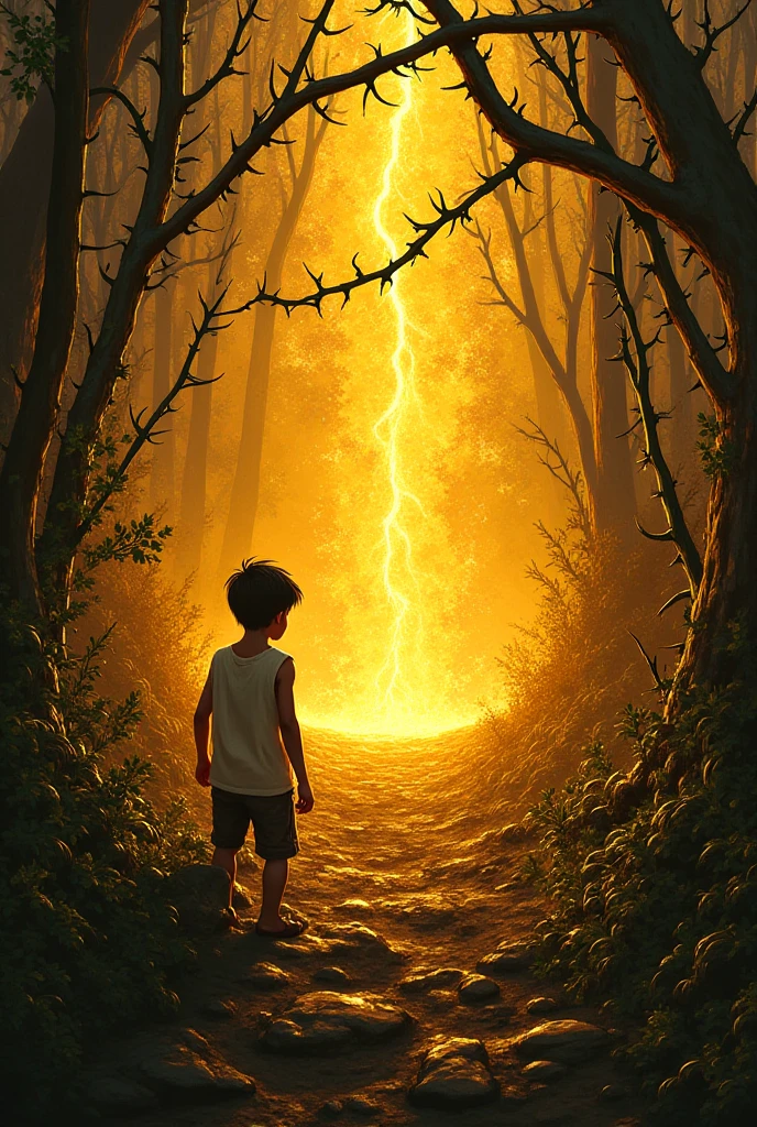 The same boy, now stepping towards the glowing light in the dark forest. His expression is distant, as if he's being drawn into the light against his will. The light engulfs him as he fades into the shadows