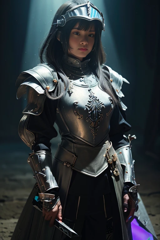 (knight, woman, (wearing a dark souls style armor, leather mask), red laser eyes, (rising left fist to the sky, magic wand in right hand)), (Best quality, 8k, 32k, Masterpiece, UHD:1.2), (detailed armor, fine texture, high quality texture, high details, extremely detailed, extreme detailed, highest detailed, ultra detailed), blurry background, dark fantasy