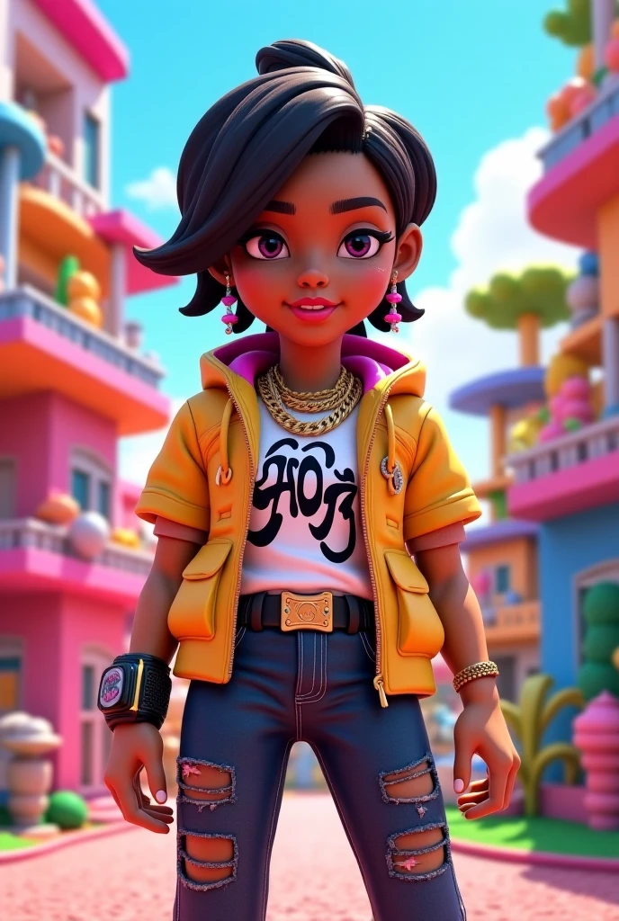 uma  jovem, Seu cabelo esta solto, com rendas delicadas, tom branco neon, cabelo preso, roupas leves, mochila, fone de ouvido, dread's amarelo claro, corpo inteiro, The background is filled with an urban tone, evoking a sense of lightness and happiness.