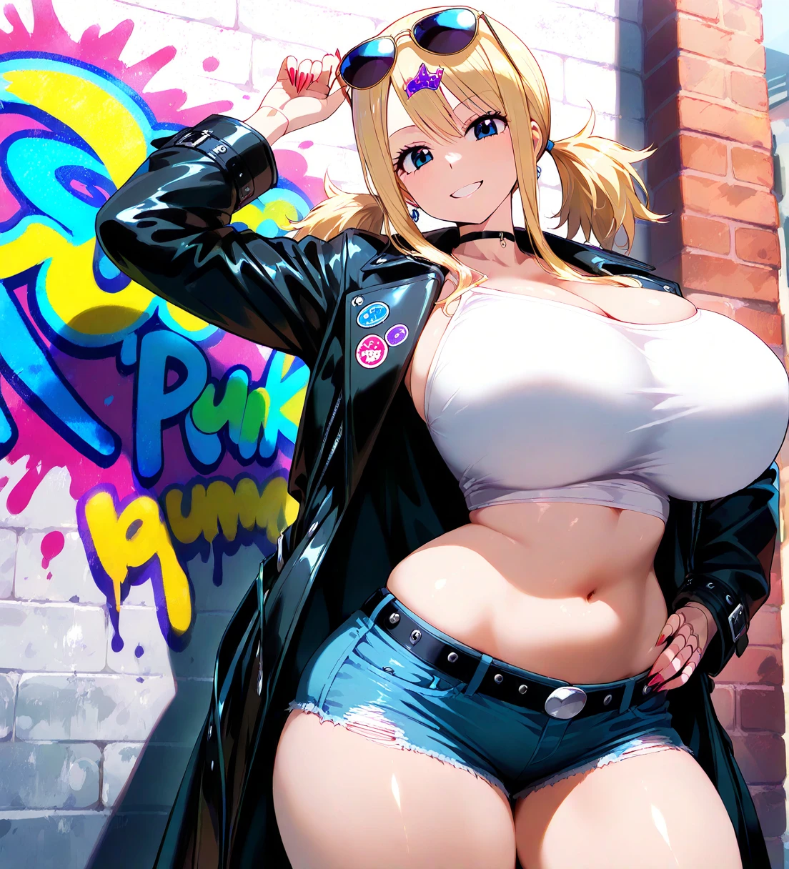 1girl,  (((bimbo))),hoop earrings, big puffy lips, painted lips, thick lips. 
Blonde hair, short twintails, grumpy, wide hips, thick thighs, perky breasts, bursting breasts, Nightlife, Night city, Cyberpunk city, futuristic cityscape. Neon lights, (skyscraper:1.1), Tokyo tower, palm tree, cloth sign, ramen stall, night club. bright city lights, exotic car. alcohol, bar, ramen, soup stall ,alcohol bottles, stomach blush, overflowing breasts, rounded stomach, pubic tattoo, word underbelly tattoo, cameltoe, gym shorts, sexy dolphin shorts, low hanging shorts, slutty yellow jacket, vagina liquid running down between thighs, no panties, pussy juice in between thighs, legs slightly apart, ruler tattoo, ruler tattoo with heart on top, pants fly open, covered nipples, hearts around stomach, hearts in groin, see through camisole, black camisole