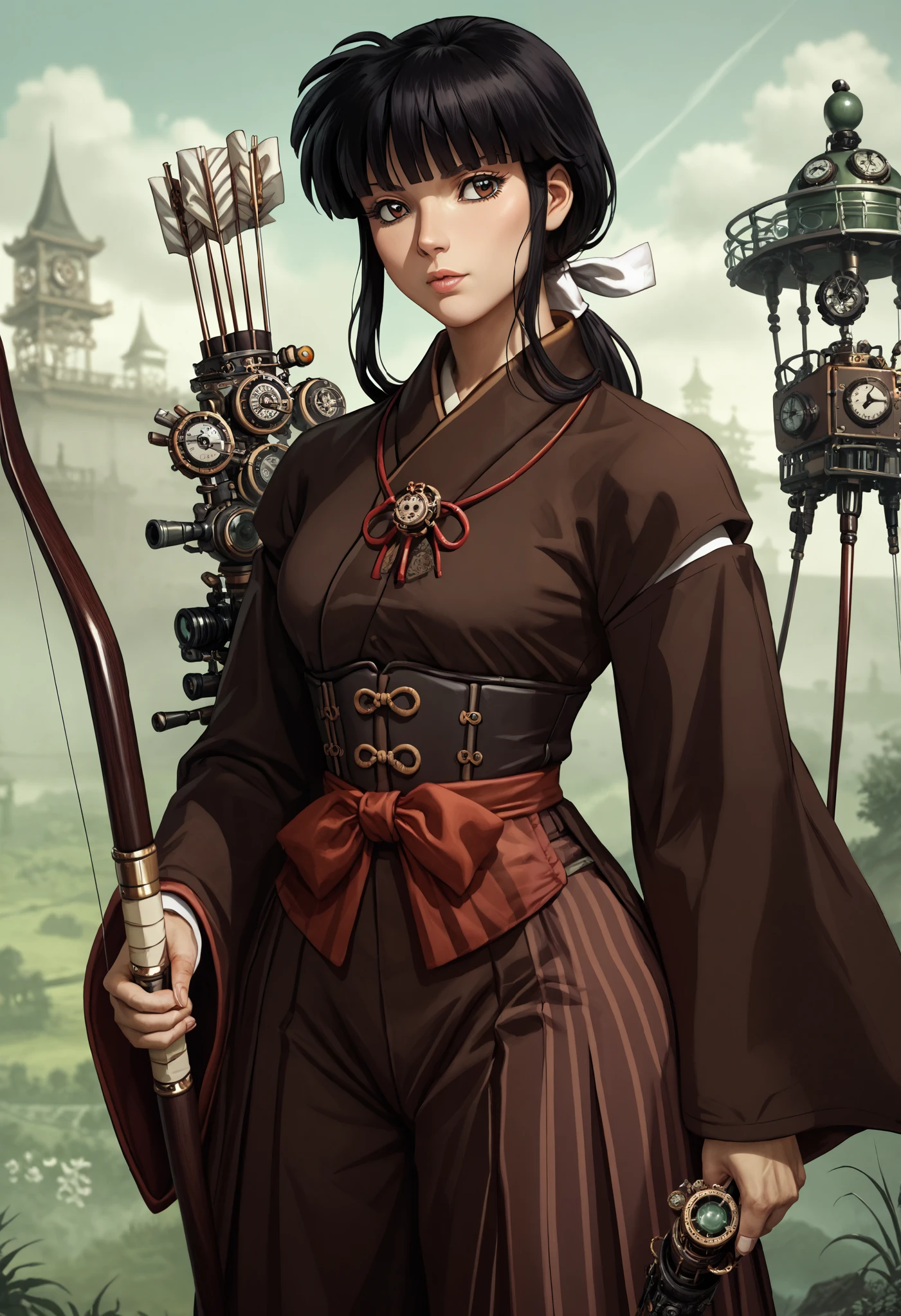 score_9, score_8_up, score_7_up, source_anime, 1girl, kikyoinu, steampunk, clockwork, victorian, steampunk clothing, magitech, black hair, brown eyes, hair ribbon, long hair, blunt bangs, sidelocks, low ponytail, miko, wide sleeves, long sleeves, hakama, striped clothes, japanese clothes, bow \(weapon\), holding bow \(weapon\), holding weapon, archery, Style_Arcane2ByOOAver2, cowboy shot