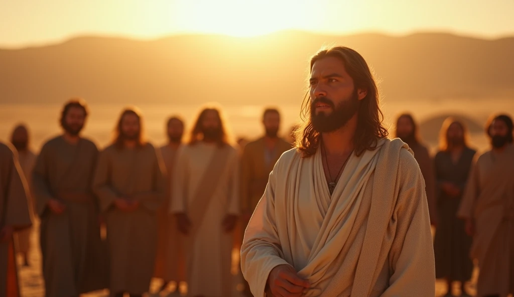 Jesus Christ preaching in the desert with lots of attentive people sitting around, male, bearded, long hair, brown hair, brown eyes, face centered, sunset, portrait, face, gorgeous, perfect composition, gorgeous, detailed, intricate, insanely detailed, octane, rendering, trend, in, art, art, fine art, fine art photography, photorealistic concept art, perfect light, soft, natural, volumetric, chiaroscuro,  award-winning photography, artwork