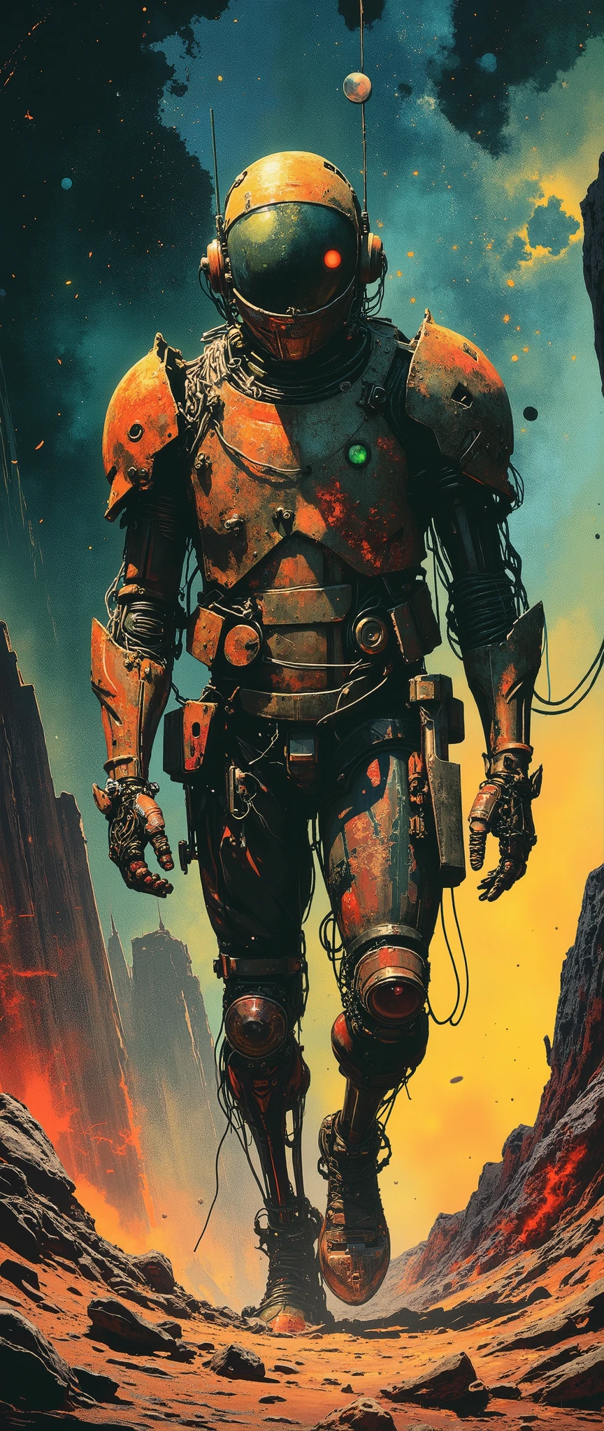 A cyberpunk digital painting depicting an old rusty robot that sadly wanders through an alien landscape.Its design resembles a medieval knight in armor. The parts and assemblies are made of weathered, rusty metal with complex mechanical components, grooves, screws and wire, exposed wire and cable fragments in different styles because it has been repaired many times.Old diodes are dim, cracked, and dimly illuminated. The headdress is also old, scratched and rusty. The protective visor is cracked, scratched, cloudy, with traces of soldering. Bare wires extend from the headdress, connecting to the neck and torso of the character. The background is a fantastic landscape. The landscape is similar to the moon. Craters and rocks covered with dust.An incredibly beautiful sky of cosmic colors, planets, stars. The soft and uniform lighting highlights the details of the cybernetic nodes while maintaining a neutral mood. The color palette highlights the contrast between the old half-dried mechanism and the incredibly beautiful starscape. High contrast and saturation. The overall composition highlights a futuristic cybernetic aesthetic thanks to balanced and neutral white lighting.