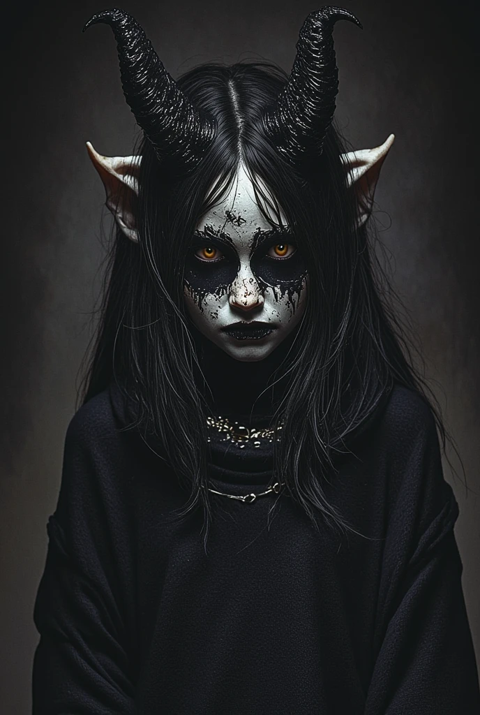 Sexual Violence Prevention Poster

 a dark demon girl with black horns, (pitch black eyes, cosmic black:1), , bright bleach white tips  hair , well lit , very skinny, wearing a (over sized sweater, and polka dot leggings:1.3)  cosmic pattern on skin , intricate detail