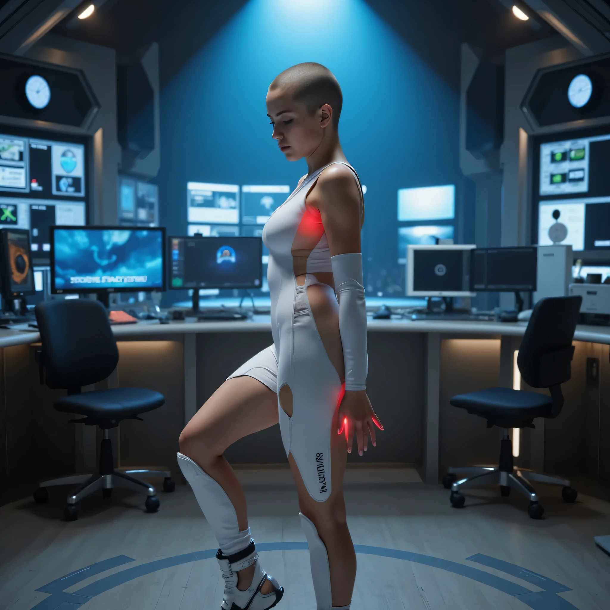 half-figure, realistic , super wide angle shot, futuristic style , hightec futuristic style , A very bright blue light spot illuminates the girl, breathtaking beauty with , matte skin , ( extremely many freckles on the chubby face), sky blue eyes , dull skin, (She has a shaved bald head), She has beautiful hands with five fingers , Hands rest on thighs. She looks down , eyes are closed , with artificial red, short fingernails , The genital area glows red, dramatic play of shadow and light , Elegantly presented festive -year-olrl inwhite tight jumpsuit showing her small breasts, in elaborate futuristic clothing, Is boots , is currently standing on a charging platform in the middle of a breathtaking control center, With many monitors on the walls , Doctors examine them , immersed in soft , romantic light. Viewers see them from head to foot