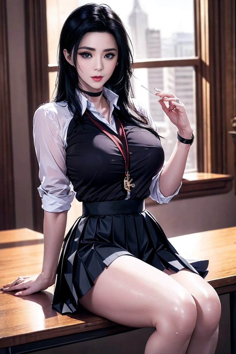 this is a anime erotic illustration picture of a naked woman sitting on a desk, 1girl, breasts, 1 boy, nipples, pantyhose, classroom, desk, black hair, long hair, standing, panties, green jacket, school desk, underwear, open clothes, looking at viewer, naughty face, orgasme face, horny girl,, jacket, large breasts, open jacket, indoors, panties under pantyhose, black panties, standing, collarbone, off shoulder, red eyes, long sleeves, thighband pantyhose, , open mouth, black pantyhose,shiny skin,photorealistic, mayumi saegusa, black hair, long hair, wavy hair, ribbon, red eyes, medium breast, , dress, white dress, collared dress, pencil dress, light green jacket, cropped jacket, open jacket, long sleeves, brazer, necktie, black necktie, handjob, anus, pussy, open leg, kissing,
