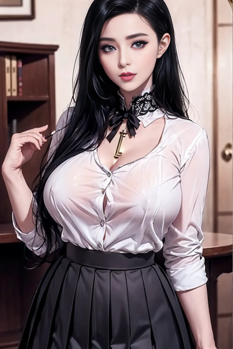 ((Masterpiece)),((Best quality)),Ultra-detailed,illustratio,Explicit,Beautiful body,Beautiful nose,Beautiful character design,Perfect eyes,Perfect face,the wallpaper,超高分辨率,4K,Photography,(Beautiful,Large breasts:1.5),(Beautiful face:1.2),Beautiful legs,Perfect legs,NSFW,full bodyesbian,Shiny skin,Turin Sukumi, 1girll, underwear, Panties, Breasts, Skirt, Red panties, Solo, Green eyes, shirt, Braid, Long hair, Purple hair, White shirt, Clothes lift, Skirt lift, Black skirt, Blush, Single braid, lifted by self, Collared shirt, braidedponytail, bangs, cleavage, Long sleeves, Closed mouth, view the viewer, Thighs, Miniskirt, Dress shirt, standing, side locks, Cowboy shot, Indoors, scowling, From below, pencil skirts, Carmelto, pantyshot,