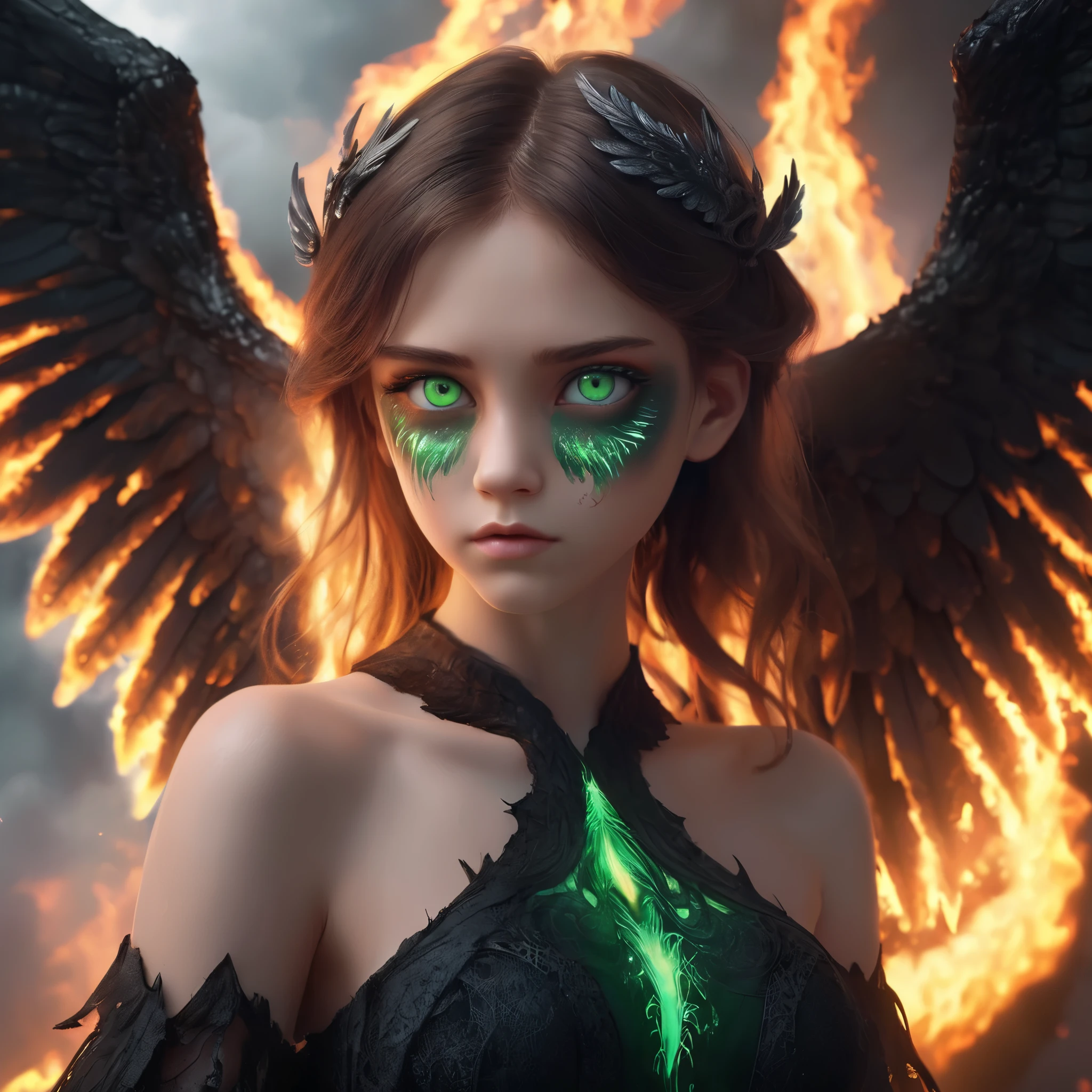 Does the angelic girl have green eyes, a black dress , tatuajes, , and spreads her big wings of fire through her ultra-realistic fantasy behind her terrifying and diabolical face that looks at her as if she were protecting her?? 8K,4k