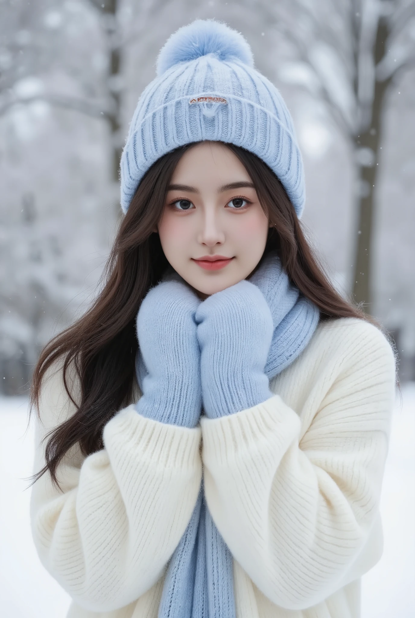 /imagine prompt: A cheerful young woman with long dark hair, fair skin, and bright eyes, enjoying a snowy day in a magical winter landscape. She is wrapped in a cozy oversized white sweater, complemented by a soft blue knitted hat, matching scarf, and fluffy mittens. She smiles warmly while holding her mittens close to her face, with snowflakes gently falling around her. The background features softly blurred snow-covered trees, adding depth and warmth to the scene. Dreamy winter atmosphere, ultra-realistic photography, soft focus, pastel color tones, cinematic composition, natural lighting, Vogue editorial style --ar 3:4 --v 6.0