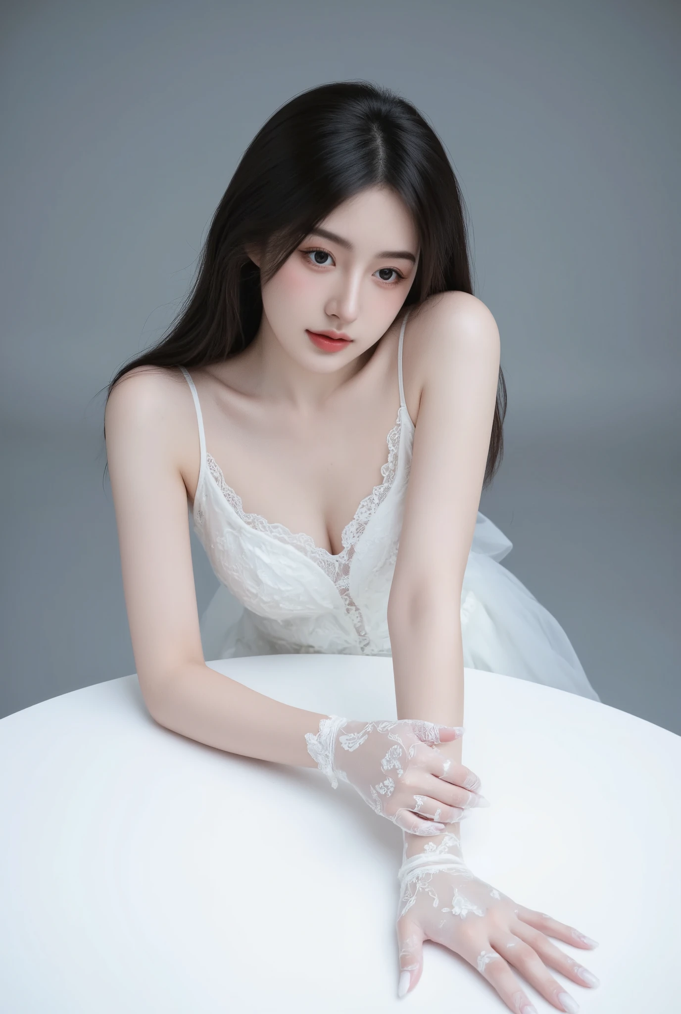 /imagine prompt: A stunning young woman with long, sleek dark hair, delicate facial features, and porcelain skin, elegantly posed on a circular white platform. She is leaning slightly forward, resting her weight on her arms, with one arm elegantly extended and her fingers touching the surface. Her white lace dress, adorned with delicate floral embroidery and sheer gloves, drapes gracefully around her. A soft, dreamy expression graces her face as she gazes gently at the viewer. The background is a soft gradient of cool gray, emphasizing the ethereal and high-fashion aesthetic. Subtle, diffused lighting enhances the elegance of the scene, casting soft shadows. --v 6.0