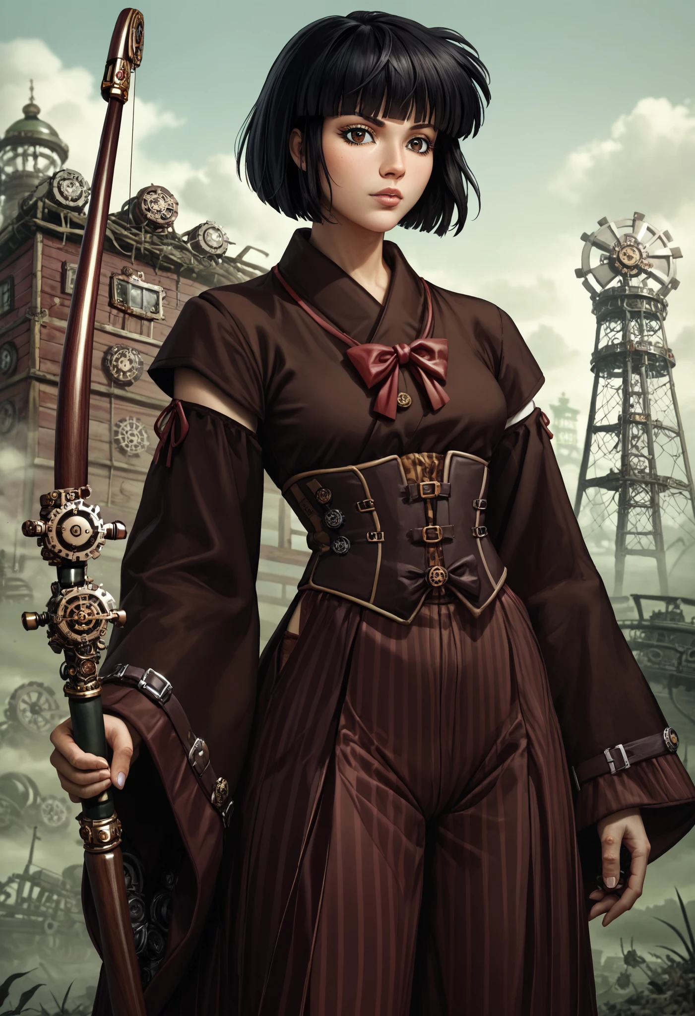 score_9, score_8_up, score_7_up, source_anime, 1girl, kikyoinu, bob cut, steampunk, clockwork, victorian, steampunk clothing, magitech, black hair, brown eyes, blunt bangs, sidelocks, miko, wide sleeves, long sleeves, hakama, striped clothes, japanese clothes, bow \(weapon\), holding bow \(weapon\), holding weapon, archery, Style_Arcane2ByOOAver2, gears, cowboy shot
