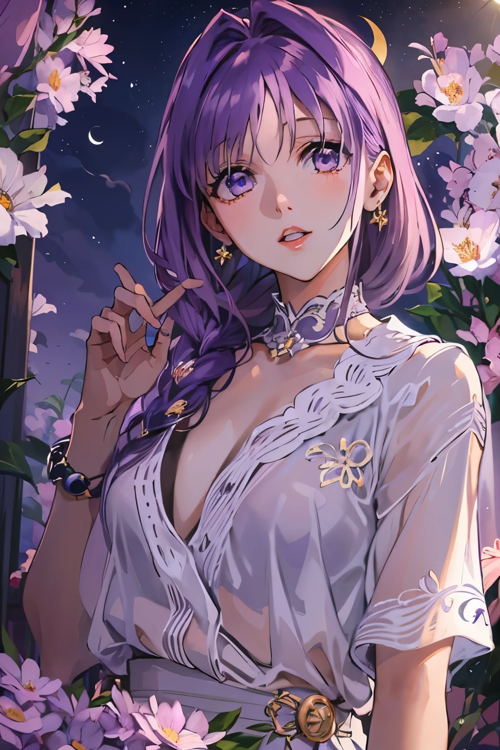 An artistic painting depicting a woman sitting on a chair in a beautiful and stunning place at night. Her hair is short and tends to be pinkish-purple, and her hair color is close to that. The moon appears in the sky. The woman has a beautiful tattoo on her back, which adds a unique touch to her personality and to the scene in general.”