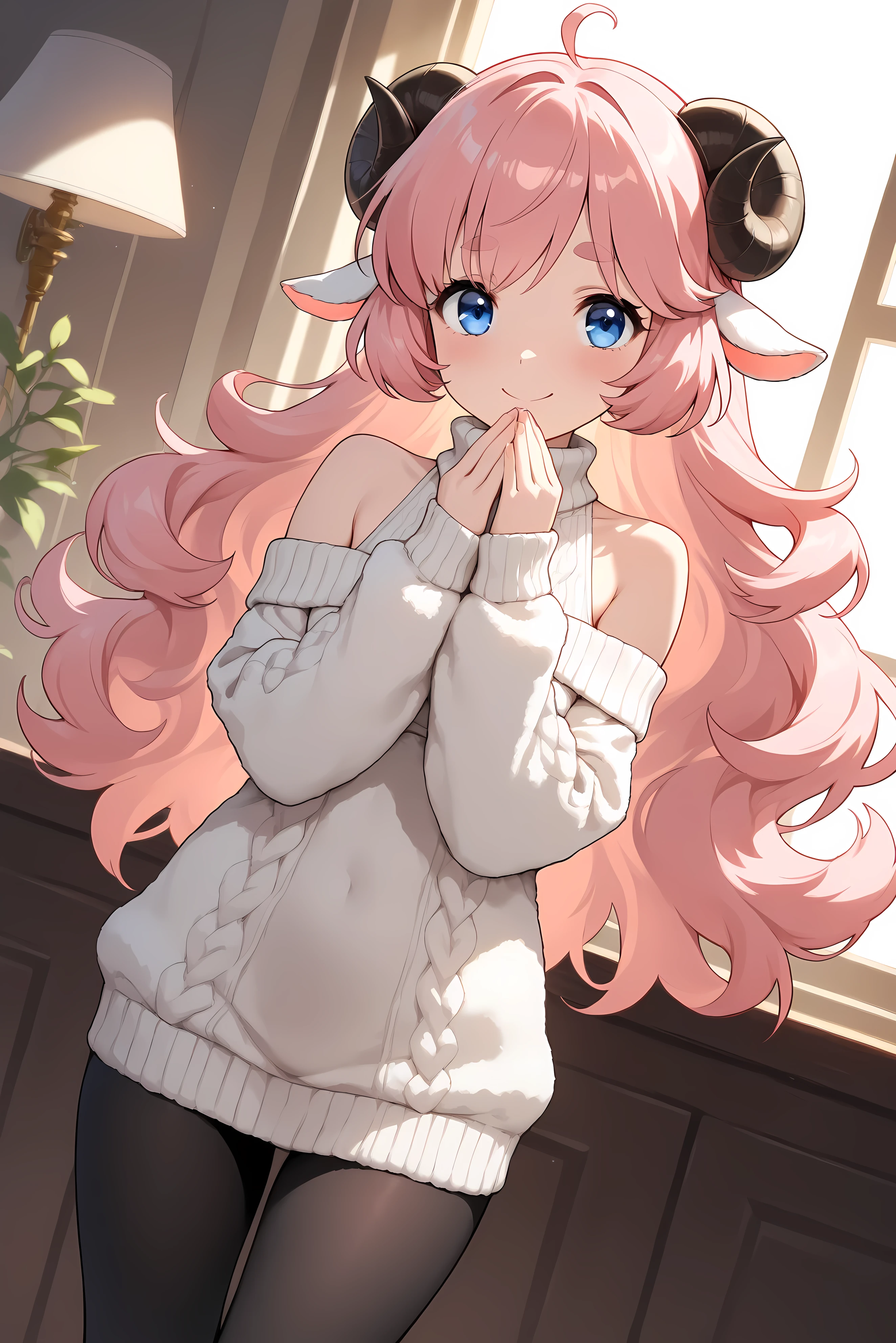 (masterpiece, best quality, extremely detailed, absurdres, very aesthetic), dutch angle, cowboy shot, (highly detailed background, lighting), (sheep girl\super detailed skin, detailed beautiful face and eyes, Big and soft anime eyes, Thick eyebrows:1.1,Fluffy long hair like a sheep's wool, pink hair, Each and every strand of hair is depicted in detail, Sheep's round horns, smile), (Knee-length one-piece sweater, Shoulders are exposed, Black tights) BREAK Natural elements, fantastical features, light and shadow effects, color and atmosphere