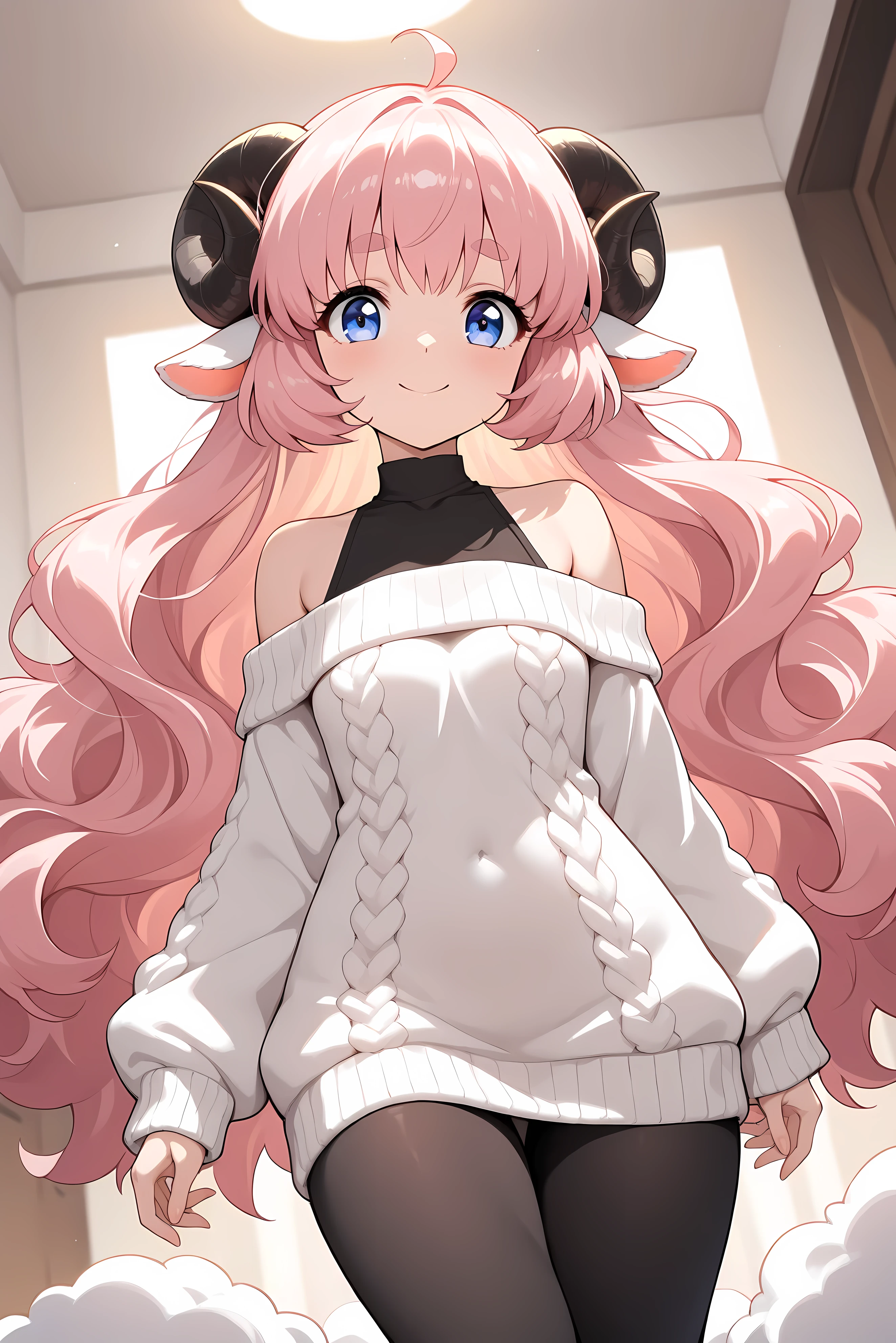(masterpiece, best quality, extremely detailed, absurdres, very aesthetic), dutch angle, cowboy shot, (highly detailed background, lighting), (sheep girl\super detailed skin, detailed beautiful face and eyes, Big and soft anime eyes, Thick eyebrows:1.1,Fluffy long hair like a sheep's wool, pink hair, Each and every strand of hair is depicted in detail, Sheep's round horns, smile), (Knee-length one-piece sweater, Shoulders are exposed, Black tights) BREAK Natural elements, fantastical features, light and shadow effects, color and atmosphere
