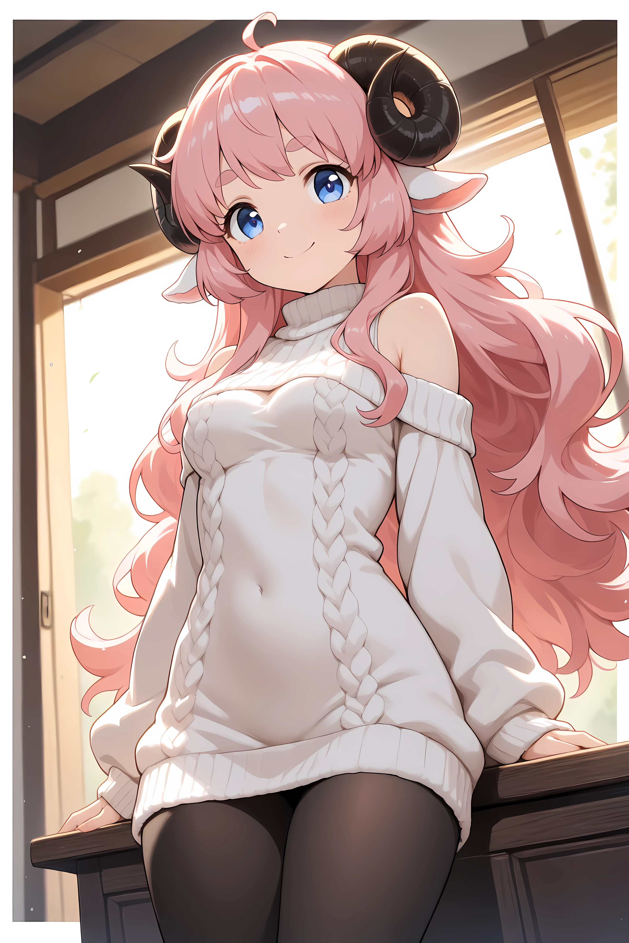 (masterpiece, best quality, extremely detailed, absurdres, very aesthetic), dutch angle, cowboy shot, (highly detailed background, lighting), (sheep girl\super detailed skin, detailed beautiful face and eyes, Big and soft anime eyes, Thick eyebrows:1.1,Fluffy long hair like a sheep's wool, pink hair, Each and every strand of hair is depicted in detail, Sheep's round horns, smile), (Knee-length one-piece sweater, Shoulders are exposed, Black tights) BREAK Natural elements, fantastical features, light and shadow effects, color and atmosphere