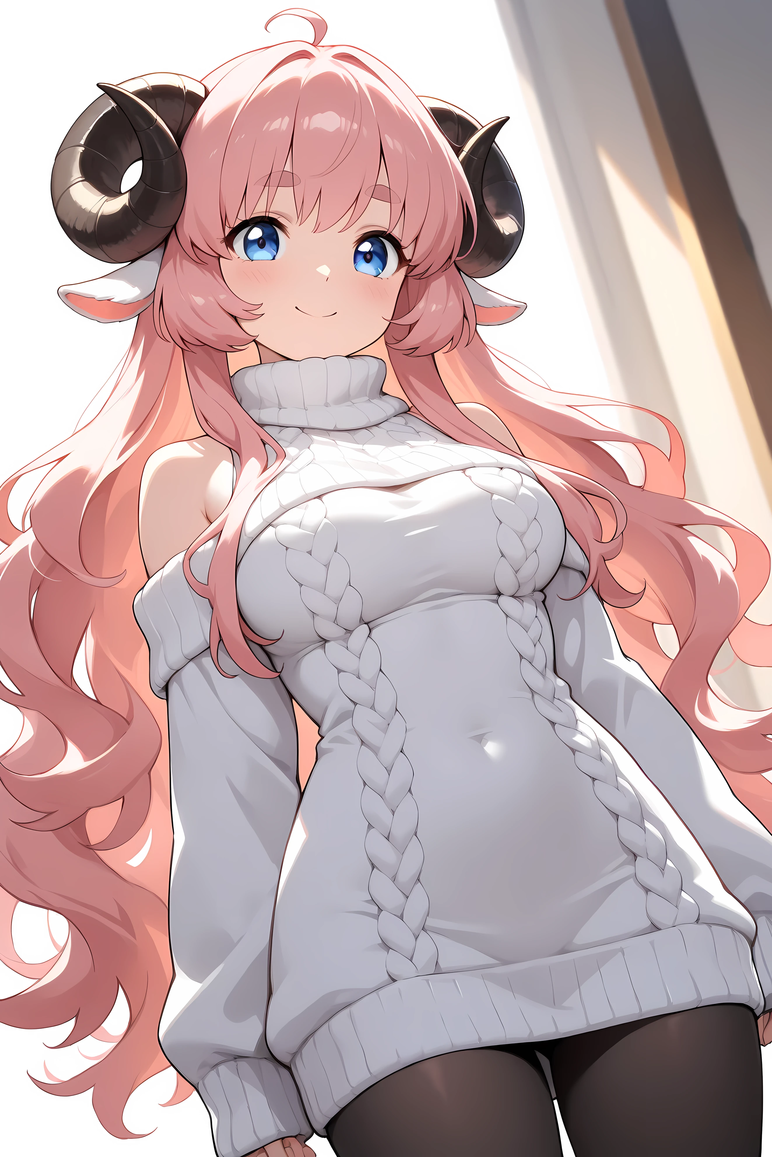 (masterpiece, best quality, extremely detailed, absurdres, very aesthetic), dutch angle, cowboy shot, (highly detailed background, lighting), (sheep girl\super detailed skin, detailed beautiful face and eyes, Big and soft anime eyes, Thick eyebrows:1.1,Fluffy long hair like a sheep's wool, pink hair, Each and every strand of hair is depicted in detail, Sheep's round horns, smile), (Knee-length one-piece sweater, Shoulders are exposed, Black tights) BREAK Natural elements, fantastical features, light and shadow effects, color and atmosphere