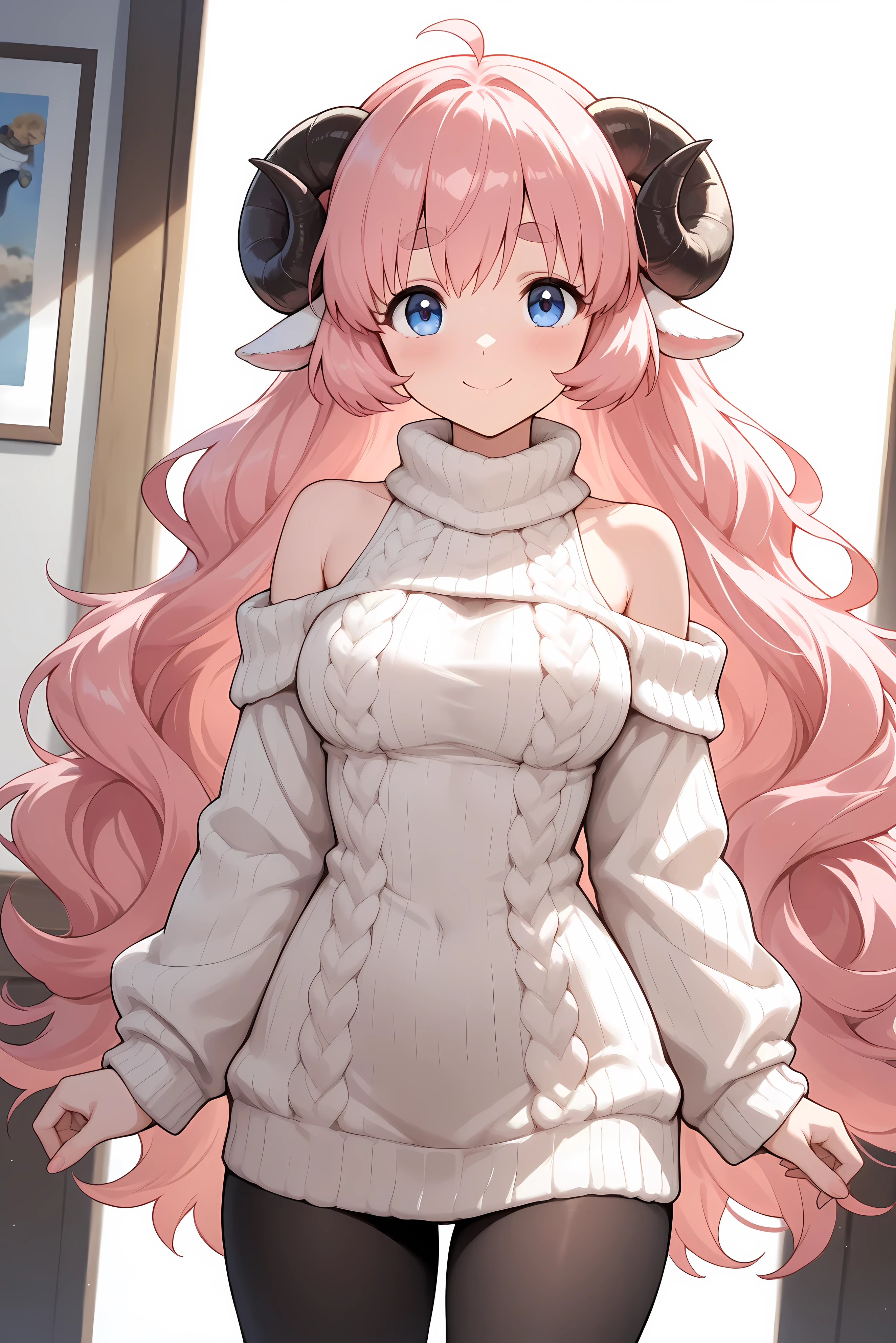 (masterpiece, best quality, extremely detailed, absurdres, very aesthetic), dutch angle, cowboy shot, (highly detailed background, lighting), (sheep girl\super detailed skin, detailed beautiful face and eyes, Big and soft anime eyes, Thick eyebrows:1.1,Fluffy long hair like a sheep's wool, pink hair, Each and every strand of hair is depicted in detail, Sheep's round horns, smile), (Knee-length one-piece sweater, Shoulders are exposed, Black tights) BREAK Natural elements, fantastical features, light and shadow effects, color and atmosphere