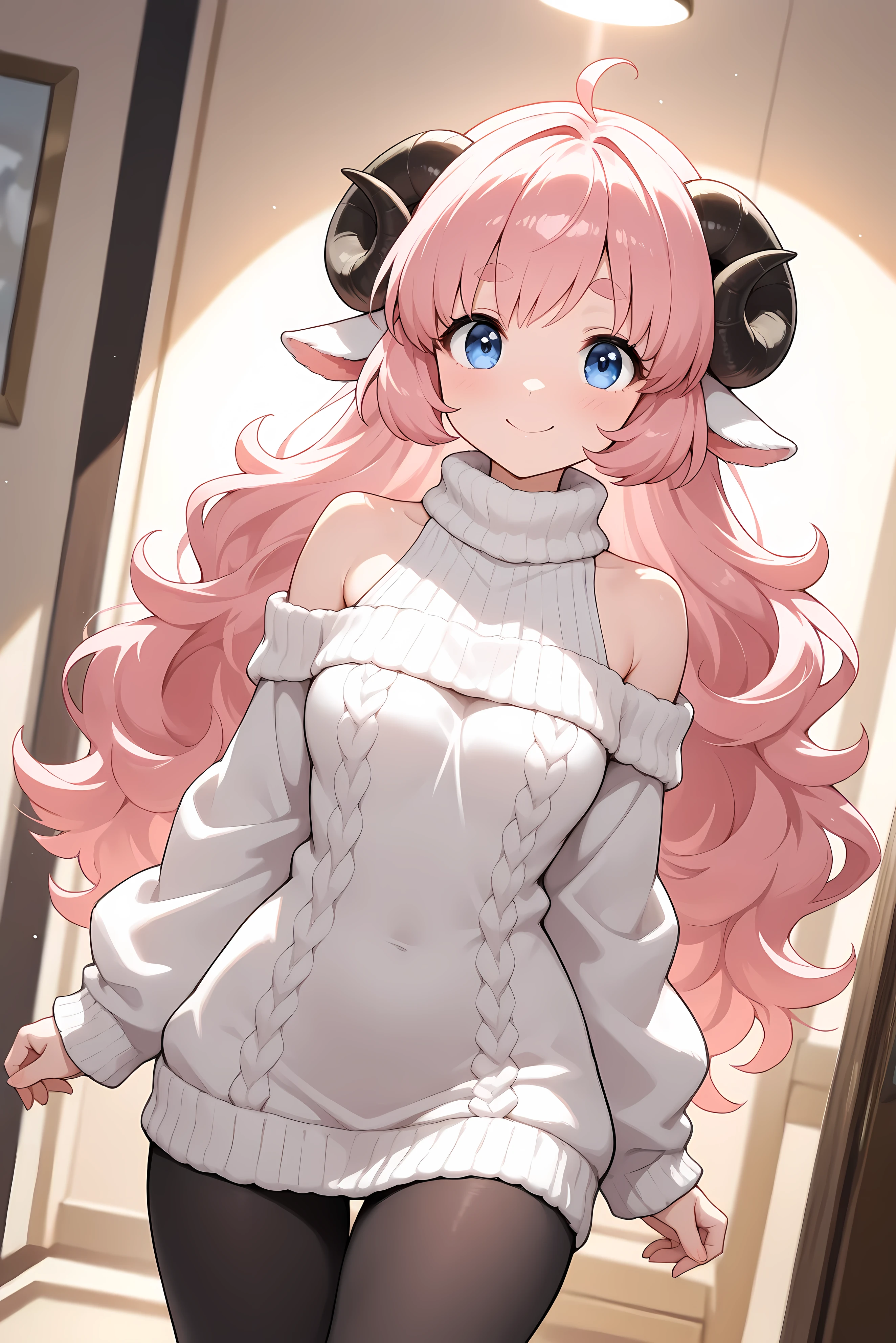 (masterpiece, best quality, extremely detailed, absurdres, very aesthetic), dutch angle, cowboy shot, (highly detailed background, lighting), (sheep girl\super detailed skin, detailed beautiful face and eyes, Big and soft anime eyes, Thick eyebrows:1.1,Fluffy long hair like a sheep's wool, pink hair, Each and every strand of hair is depicted in detail, Sheep's round horns, smile), (Knee-length one-piece sweater, Shoulders are exposed, Black tights) BREAK Natural elements, fantastical features, light and shadow effects, color and atmosphere
