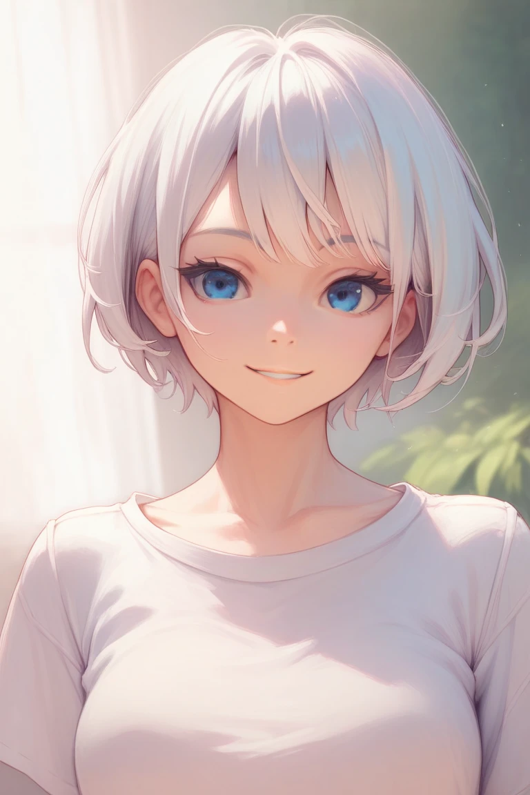((masterpiece)), ((best quality)), (ultra-detailed), ((extremely detailed)), 4K, (8K), best quality, (beautiful), a beautiful woman, ((beautiful light gray hair)), shiny hair, ((fluffy bob cut)), light blue eyes, detailed skin, freckled skin, flushed cheeks, 25 years old, beautiful lips, smile, grin, smile while showing one's teeth, laugh lines, ((smile open-mouthed)), upper and lower teeth, ((Open mouth)), solid white background, oversized t-shirt, graphic t-shirt, cowboyshot