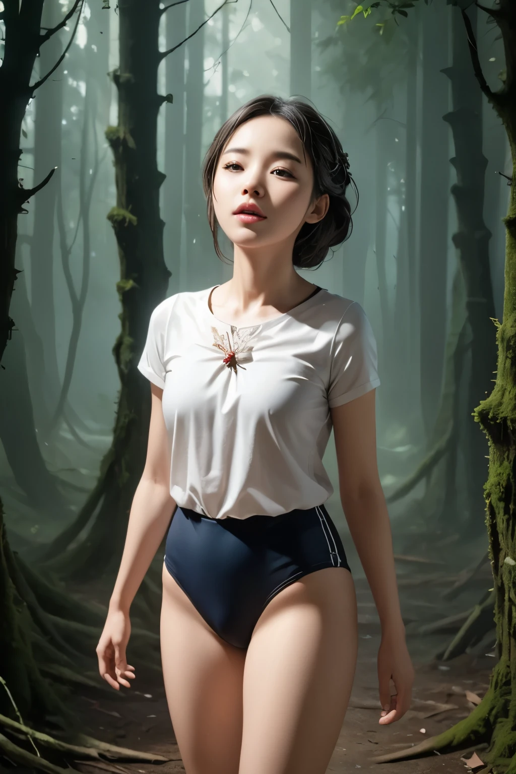 (masterpiece, highest quality), 1 girl, beautiful face, beautiful body, wearing a Black gymnastics bloomers, High leg、white blouse, cowboy shot、Are standing、full body portrait、alone, complex details, enlarged textures, complex details, finely detailed eyes and detailed face, intricate details, (closed mouth), perfect eyes, equal eyes, perfect body, extremely detailed, (), extremely realistic 3d,In a dark forest、