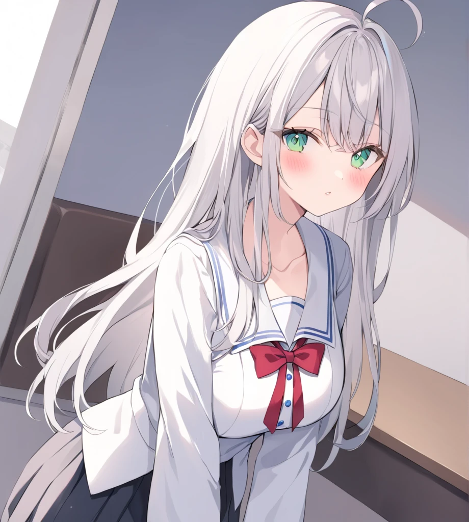 1girl with long hair and dress, 1 girl is taking to lavatory, looking away,  standing,  embarrassed, blush,Red sailor suit, Silver hair and blue eyes, Keep one's mouth shut,  street (girl is peeing self:0.4) <lora:GoldenSide-v21-1-e32-T1_lora:1> <lora:haveToPeePose:1.1> <lora:tomori nao:1.2>