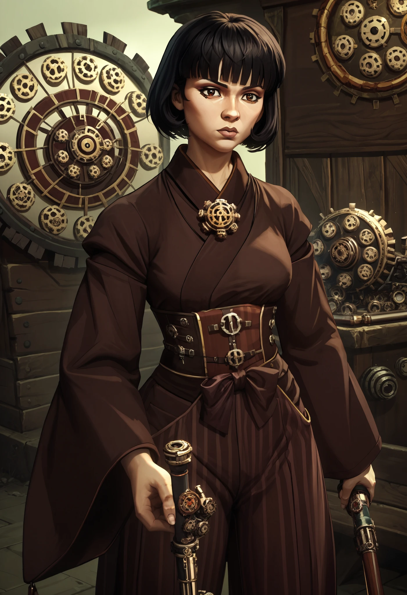 score_9, score_8_up, score_7_up, source_anime, 1girl, kikyoinu, bob cut, steampunk, clockwork, victorian, steampunk clothing, magitech, black hair, brown eyes, blunt bangs, sidelocks, miko, wide sleeves, long sleeves, hakama, striped clothes, japanese clothes, bow \(weapon\), holding bow \(weapon\), holding weapon, archery, 4rc4n3s2styl3, arcanes2style, arcane s2 style, gears, cowboy shot