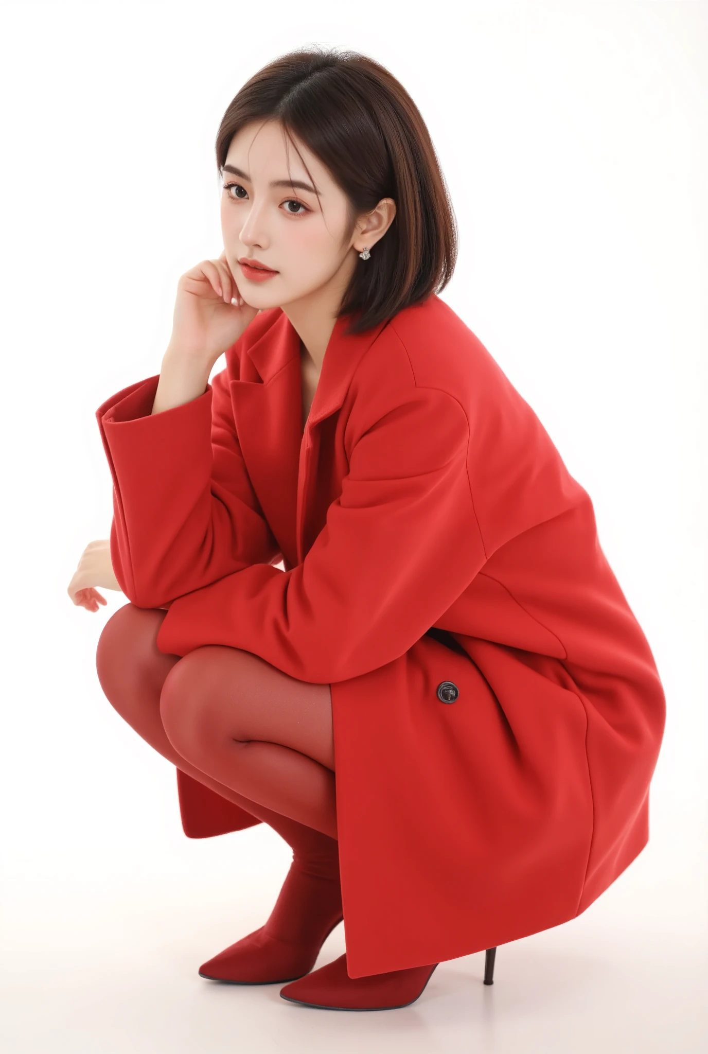 /imagine prompt: A stylish woman crouching elegantly, wearing a bold red coat, matching red tights, and high-heeled shoes. She has sleek, shoulder-length hair, flawless makeup with striking eyeliner and red lips. Her pose is graceful, with her hands gently resting on her face. The background is pure white, creating a striking contrast with the vibrant red outfit. The lighting is soft and even, enhancing the subject’s features and textures. Photorealistic, high fashion editorial, studio photography, Vogue-inspired, ultra-HD, sharp details, cinematic lighting --ar 2:3 --v 6.0