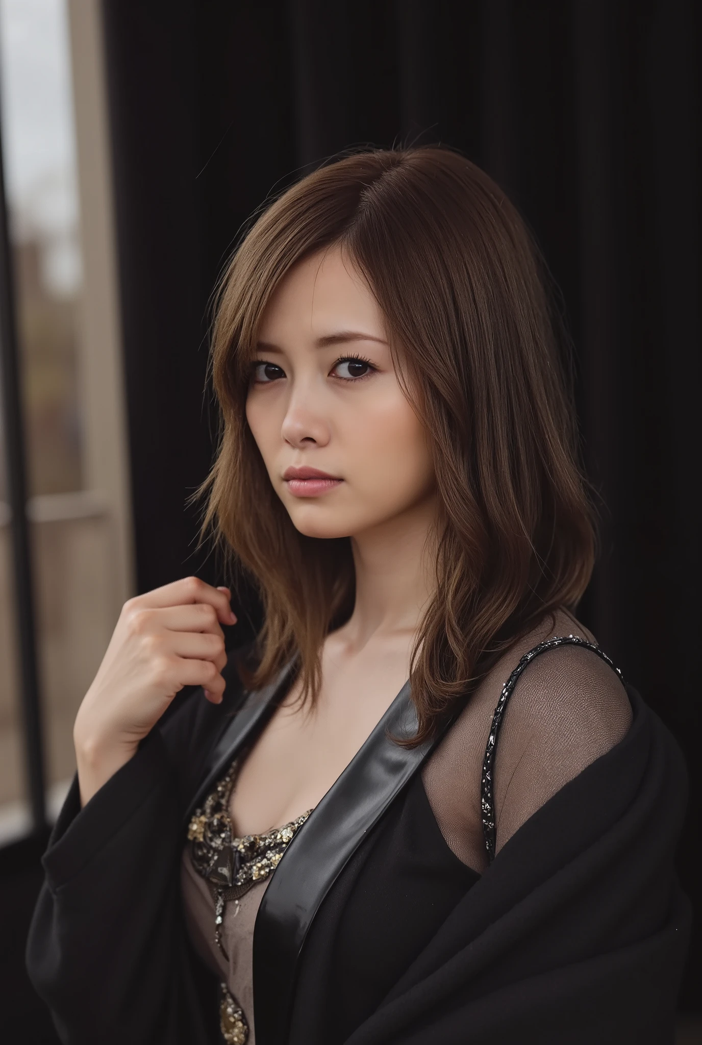( Masterpiece, top quality:1.2), 1 girl, Alone, Extremely large breasts, leather nightgown only, beautiful detailed eyes, lips with beautiful details, very detailed顔, long eyelashes, sharp concentration, is present, photo- is present, cinematic lights, very detailed, hyper- is present, Dark and gloomy, Dramatic Lighting