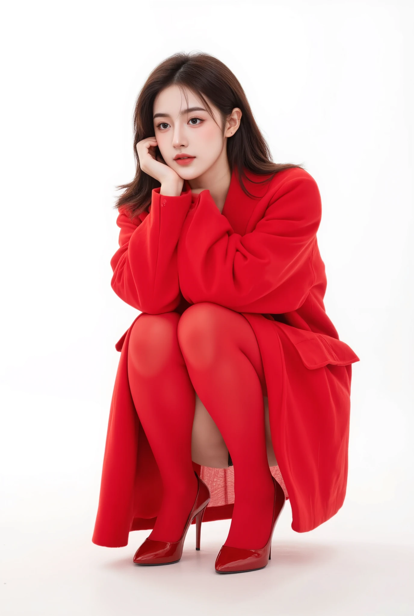 /imagine prompt: A stylish woman crouching elegantly, wearing a bold red coat, matching red tights, and high-heeled shoes. She has sleek, shoulder-length hair, flawless makeup with striking eyeliner and red lips. Her pose is graceful, with her hands gently resting on her face. The background is pure white, creating a striking contrast with the vibrant red outfit. The lighting is soft and even, enhancing the subject’s features and textures. Photorealistic, high fashion editorial, studio photography, Vogue-inspired, ultra-HD, sharp details, cinematic lighting --ar 2:3 --v 6.0