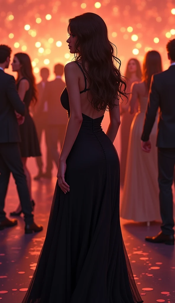 olivia, Young girl, , southern, brunette long hair, sslim, small, smalle Brüste, black mini dress, deep neckline, surrounded by black men on the street, brown eyes, soft skin, glittering, realisti