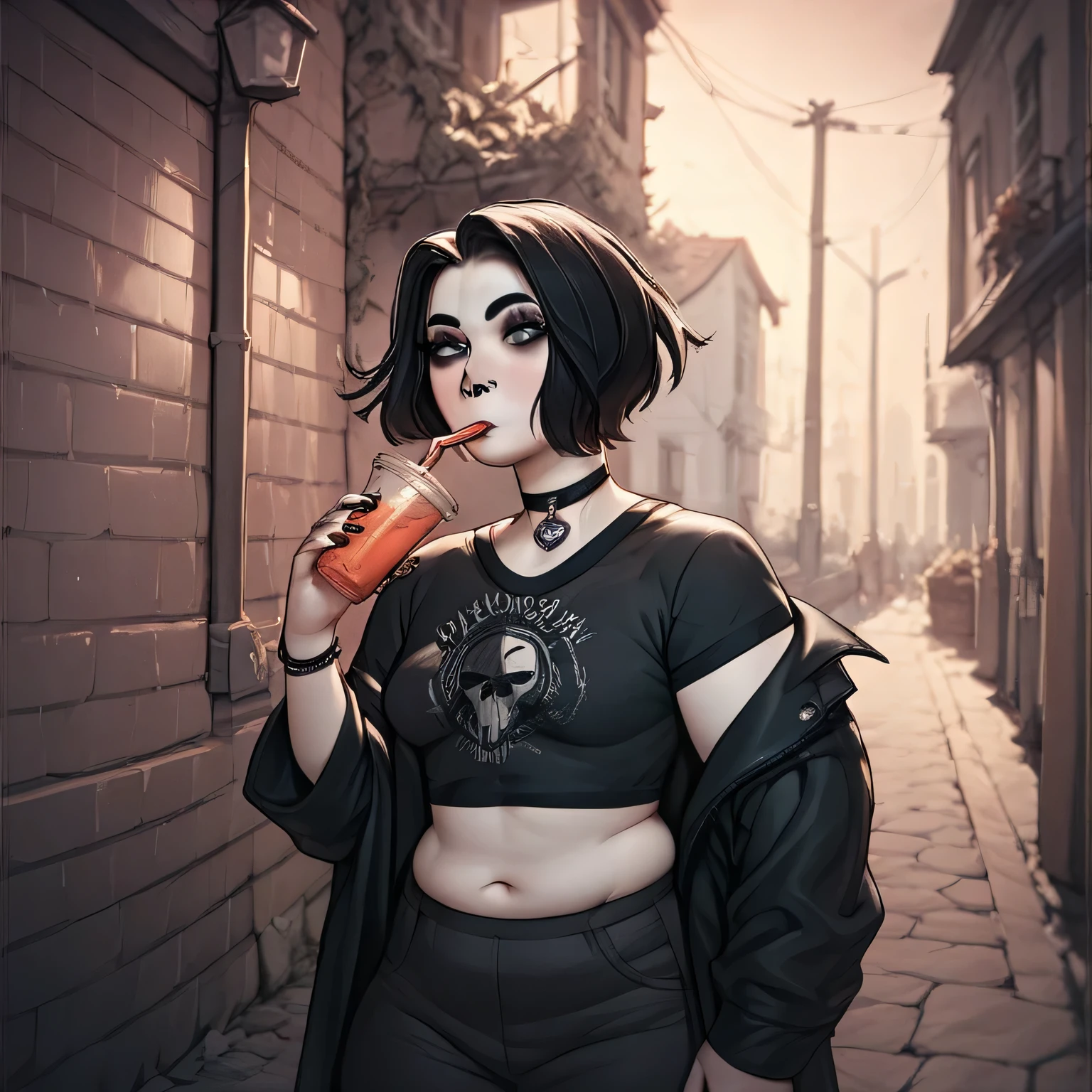 masterpiece, best quality, high quality, doomer girl, goth gf, standing, plump, drinking milshakes