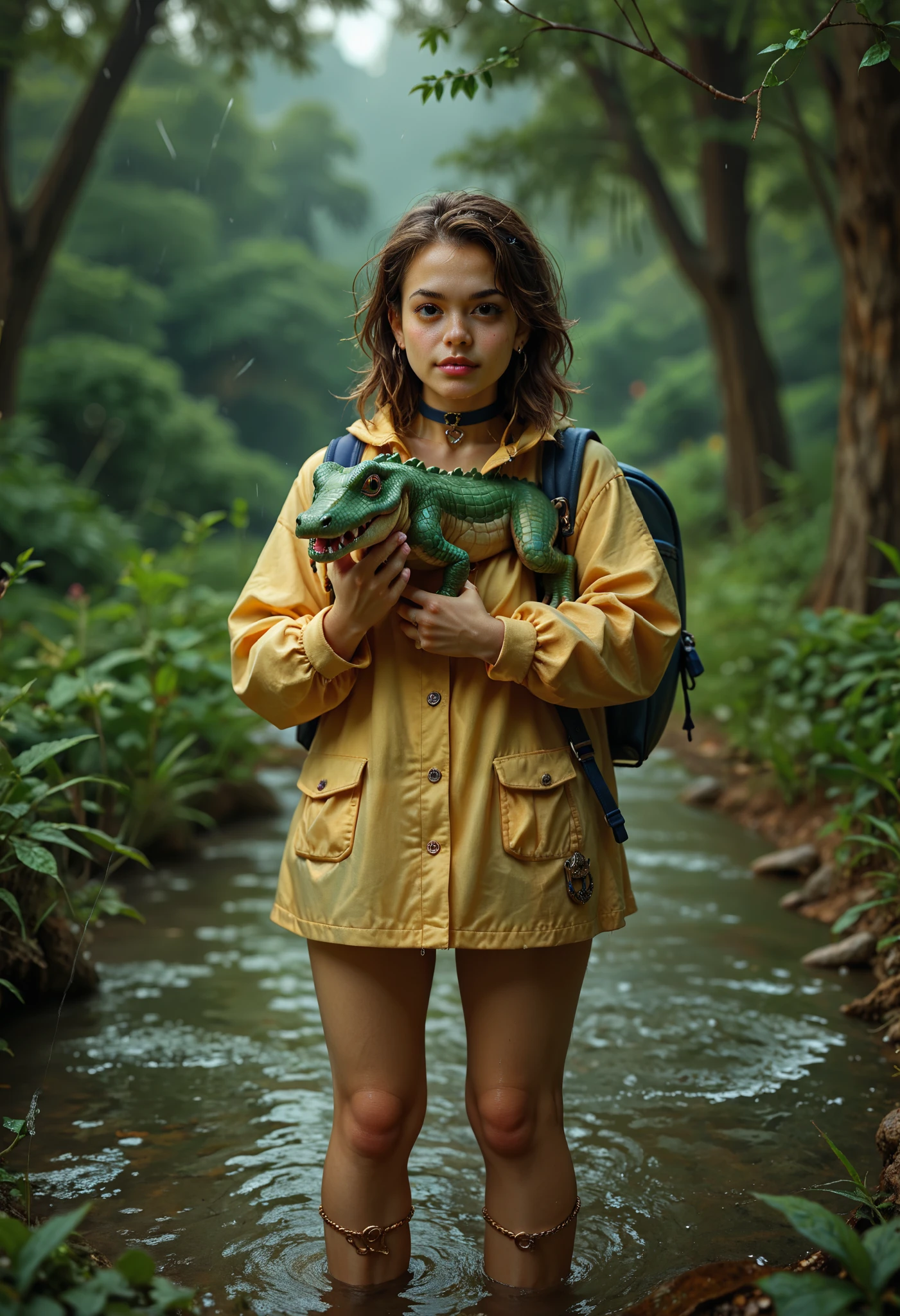 safe_pos, (score_9, score_8_up:1.1), score_7_up, photorealistic, rating:explicit A captivating wildlife photograph captures a crocodile braving a rainy day for its first school experience. The crocodile is dressed in an eye-catching, hyper-textured yellow raincoat and carries a small school backpack on its back. Dripping waterdrops enhance the wet and rainy atmosphere, while the lush greenery surrounding the creature adds to the enchanting scene. The baby croce's determined expression conveys a sense of courage and resilience, making this photograph both adorable and heartwarming., photo, wildlife photographyâââ ., absurdres, masterpiece,, Expressiveh choker, anklets, pubic-hair, flux-style ((masterpiece, Highest quality, Best image quality, High resolution, Realistic, RAW Photos, 8k, Highly detailed)) 4lch3my_l4b CyberRealistic_Negative_PONY